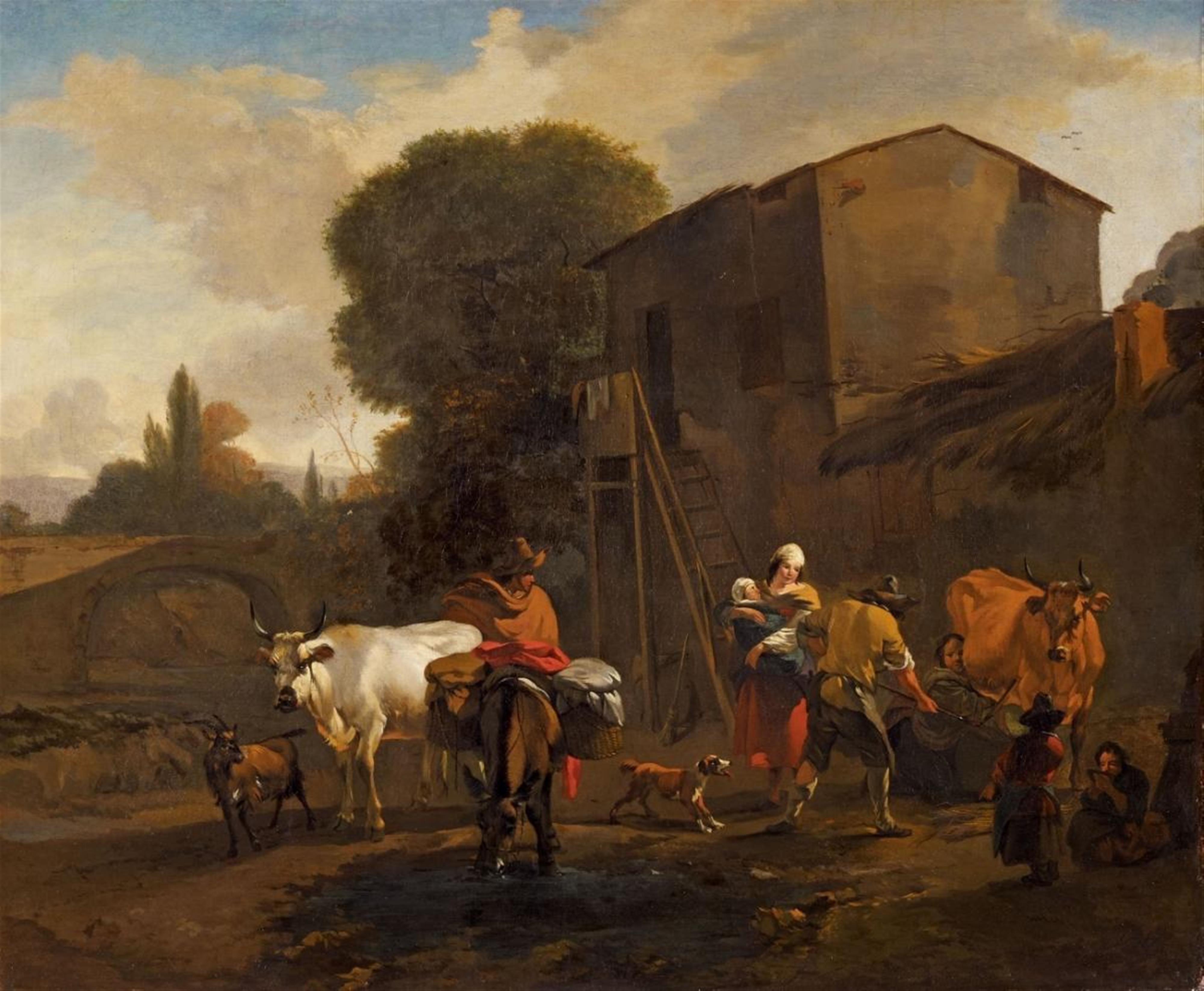 Nicolaes Berchem, studio of - LANDSCAPE WITH PEASANTS IN FRONT OF A HOUSE - image-1