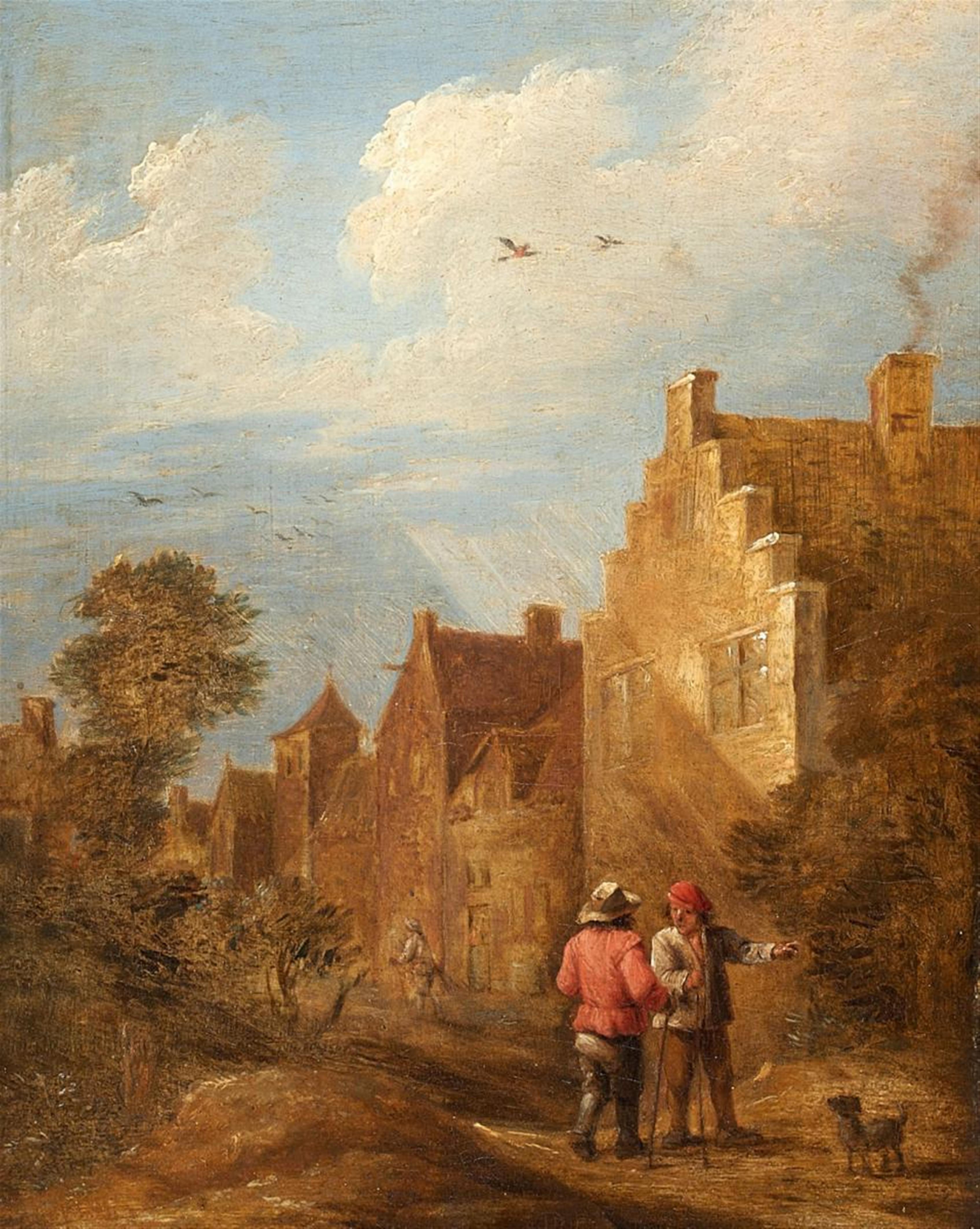 Dutch School of the 17th century - VILLAGE ROAD WITH PEASANTS AND A DOG - image-1