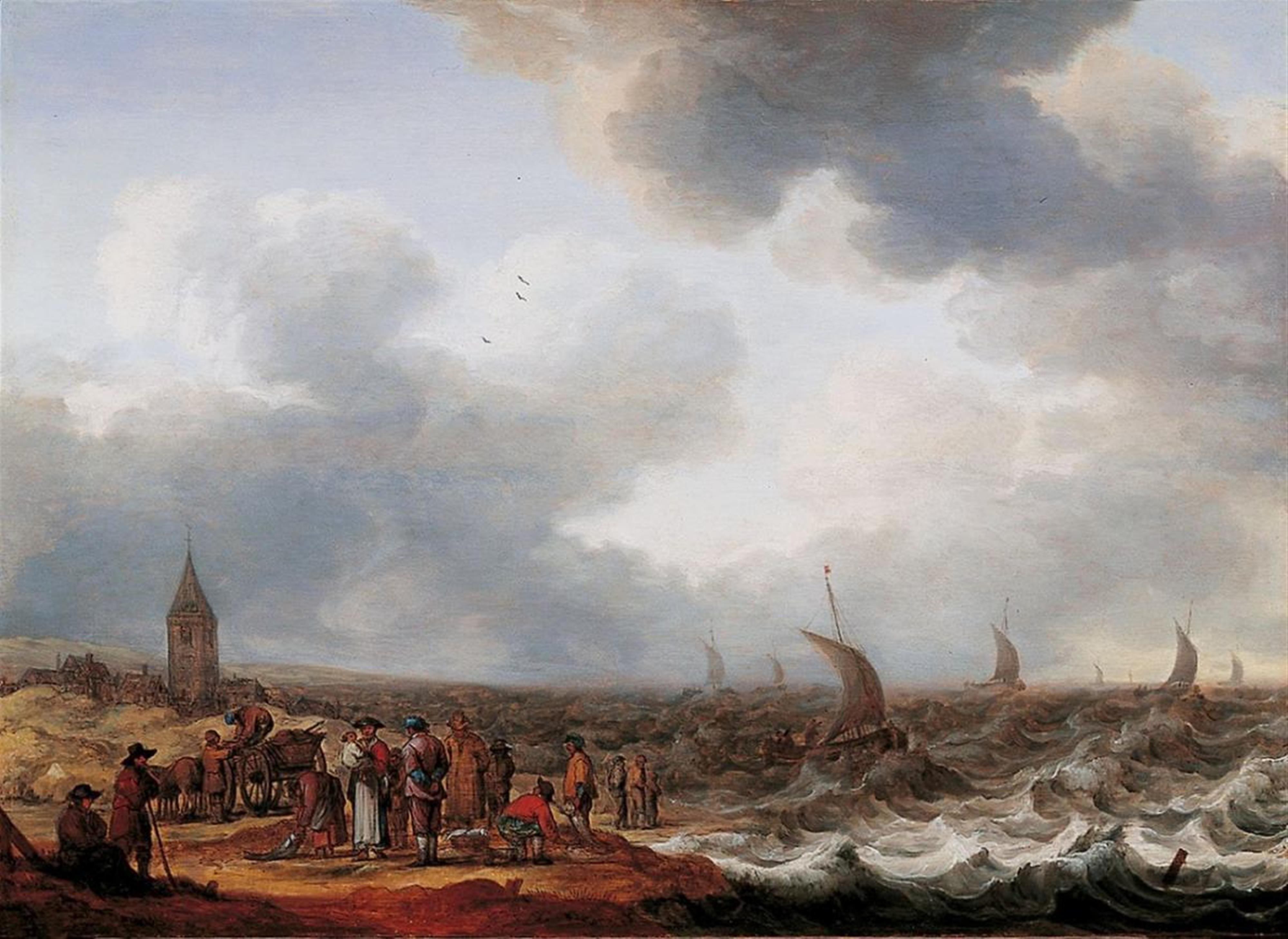 Cornelis Stooter - COASTAL LANDSCAPE WITH FISHMONGERS AND STORMY SEA - image-1