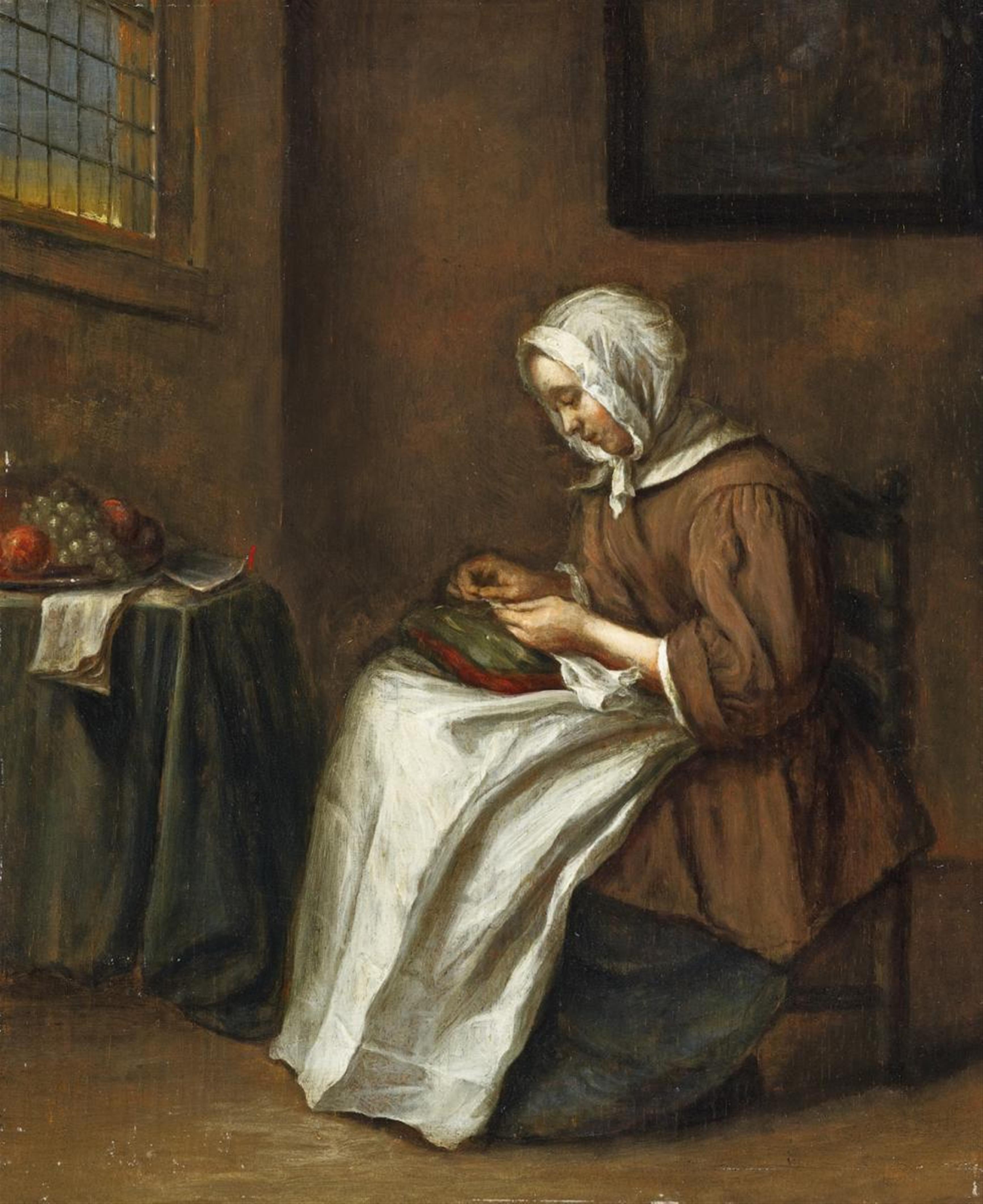 Netherlandish School, 17th Century - YOUNG WOMAN SEWING - image-1