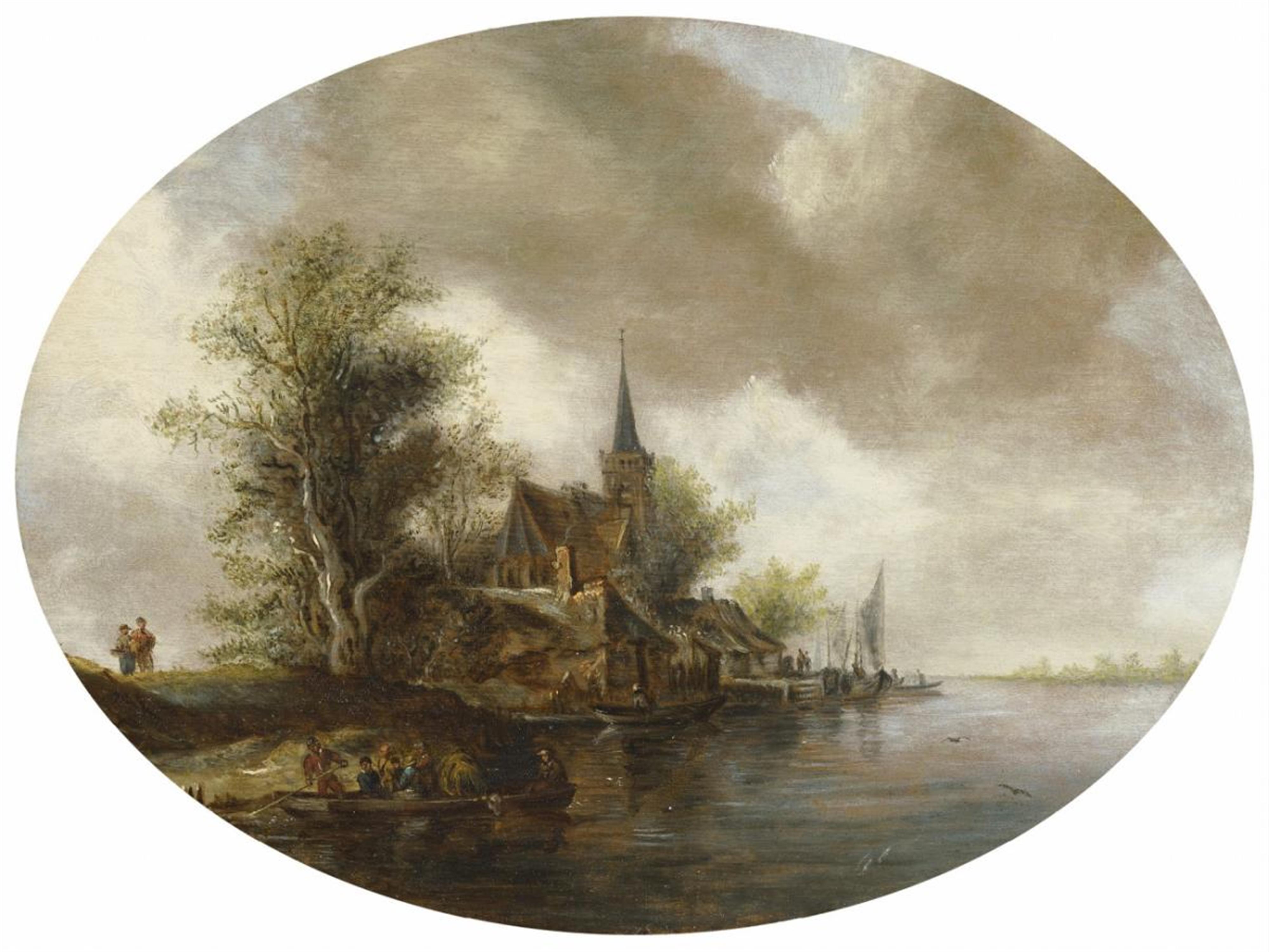 Frans de Hulst - RIVER LANDSCAPE WITH CHURCH AND FERRY BOAT - image-1