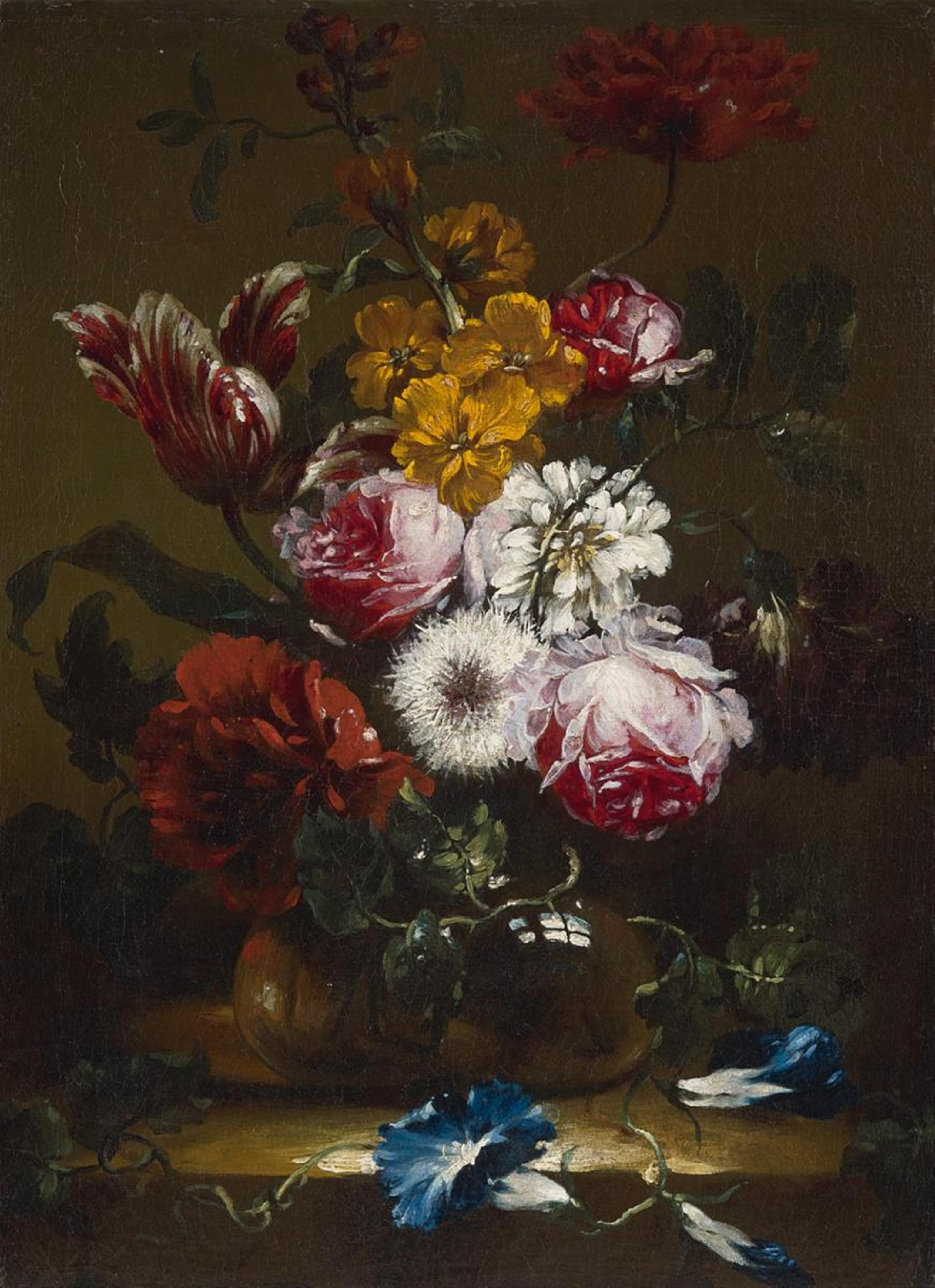 Nicolas Baudesson - ROSES, TULIPS, BINDWEED AND OTHER FLOWERS IN A VASE - image-1