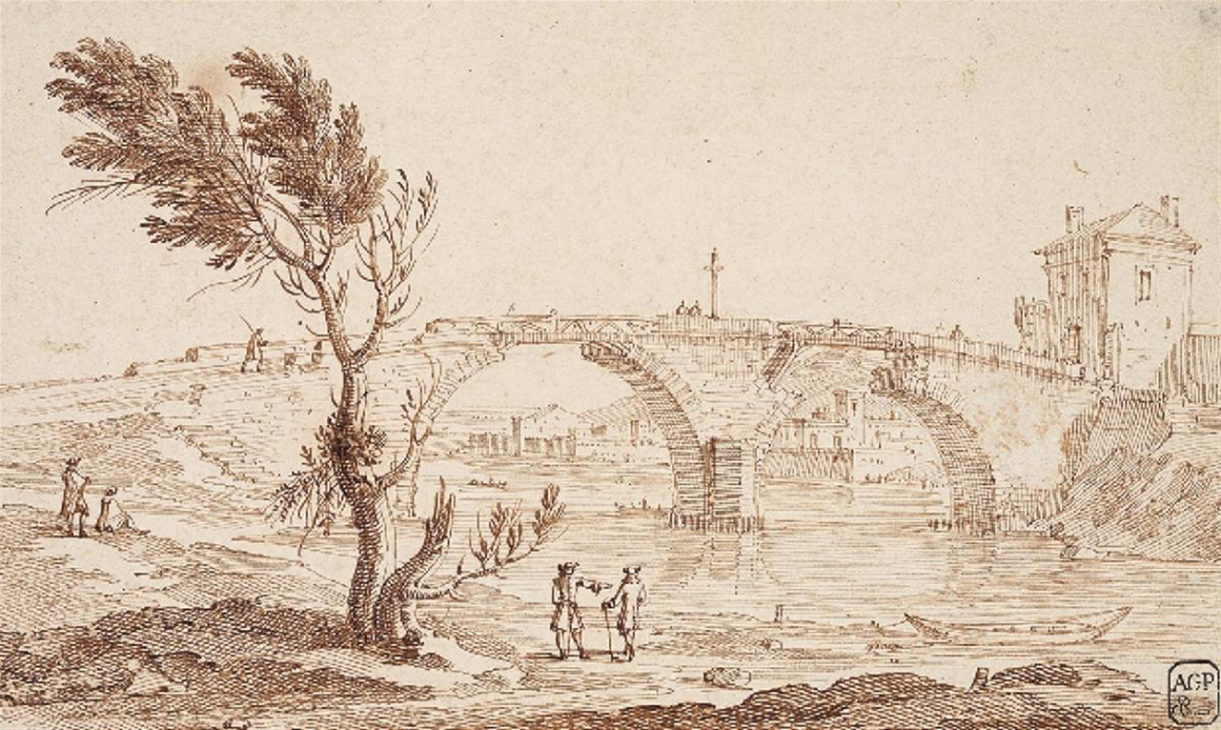 French School, 18th Century - RIVER LANDSCAPE WITH BRIDGE - image-1