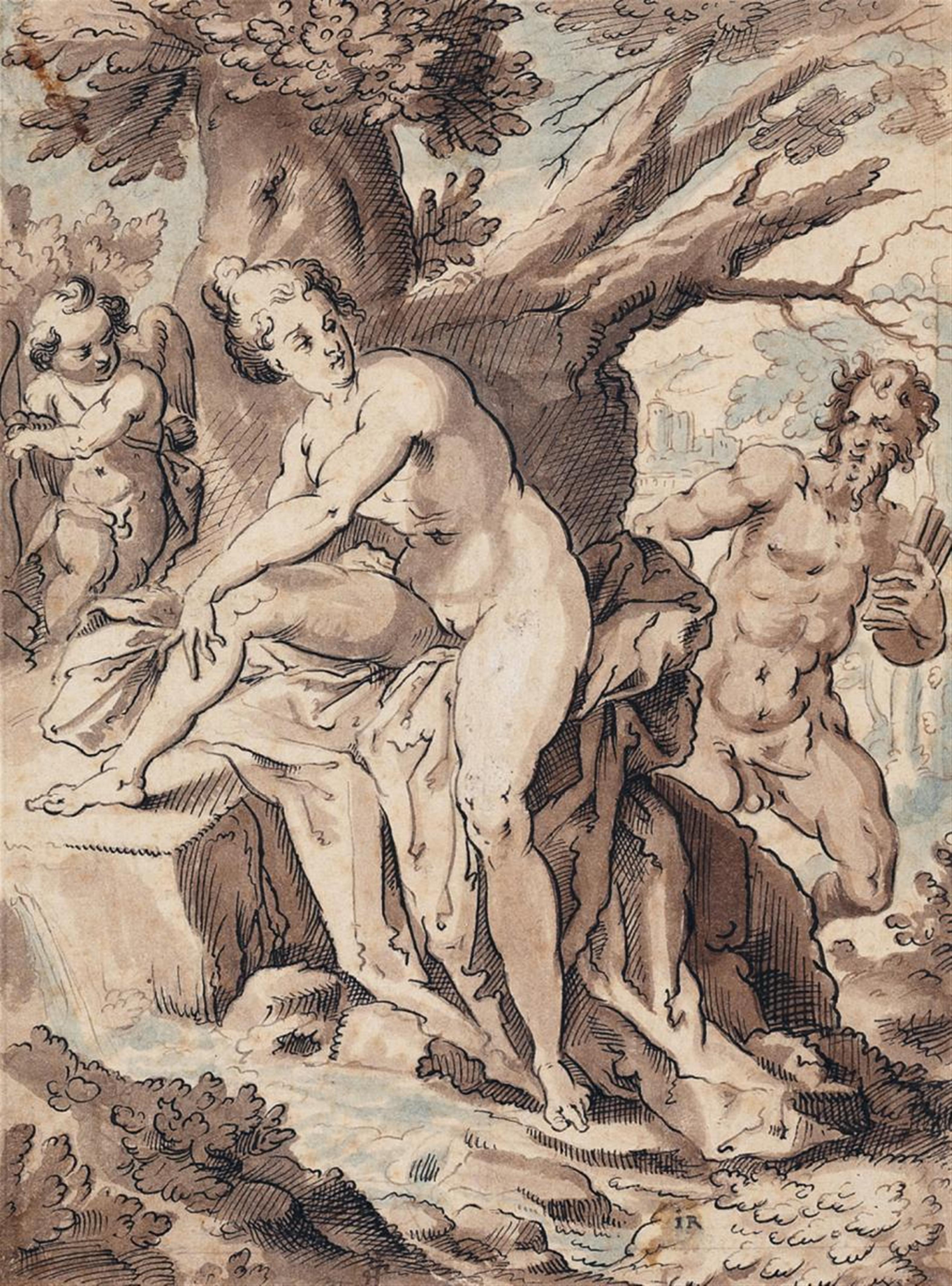 Niederländischer Meister des 16./17. Jahrhunderts - BADENDE VENUS MIT AMOR UND PAN - image-1