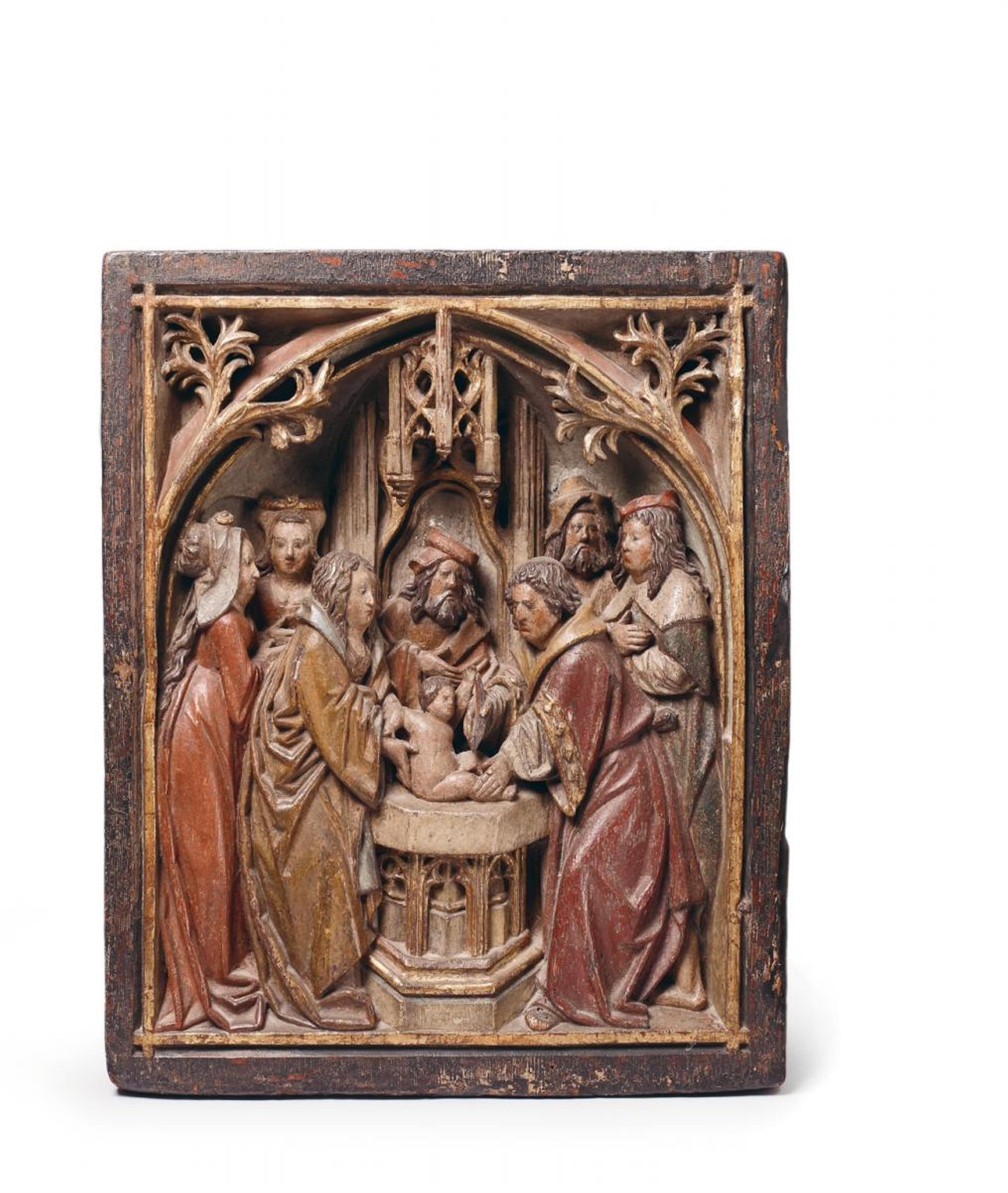 Probably Central German, late 15th Century - A LATE 15TH CENTURY CARVED WOOD HIGH RELIEF GROUP OF THE CIRCUMCISION, PROBABLY CENTRAL GERMAN - image-1
