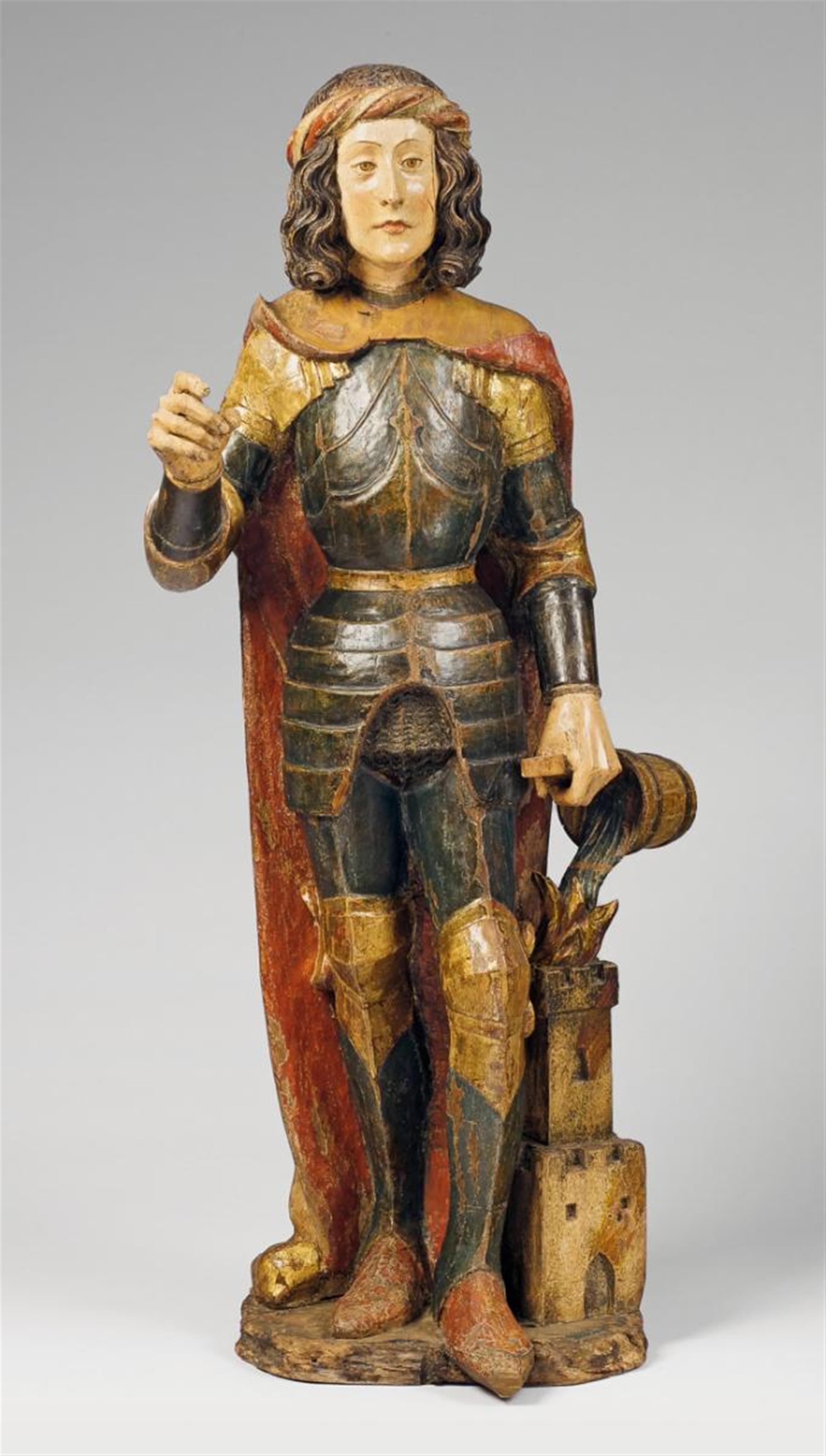 Probably Franconia, late 15th Century - A LATE 15TH CENTURY CARVED WOOD FIGURE OF SAINT FLORIAN - image-1