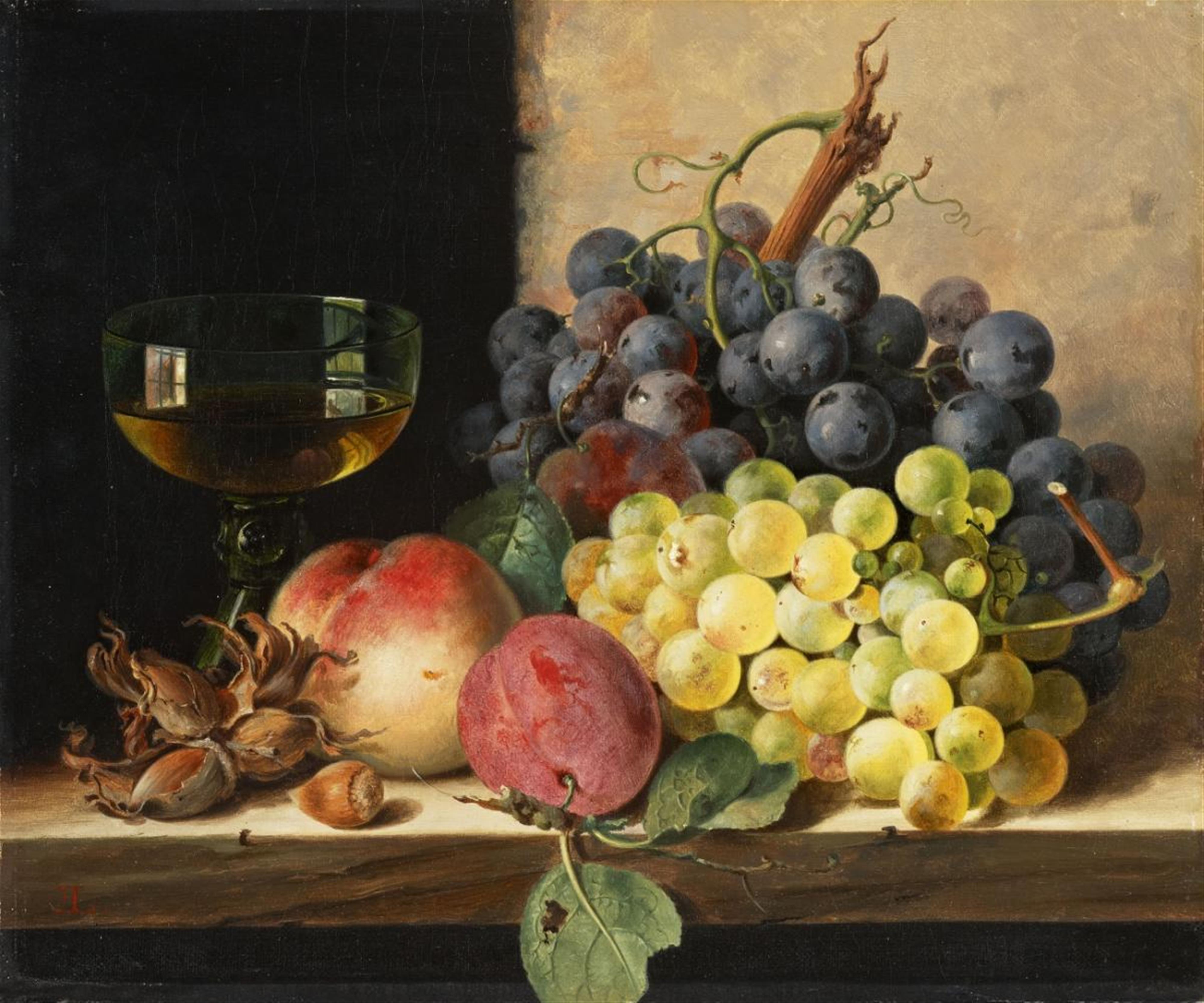 Edward Ladell - A STILL LIFE OF GRAPES, PLUMS, HAZELNUTS, A PEACH, AND A WINE GLASS ON A LEDGE - image-1