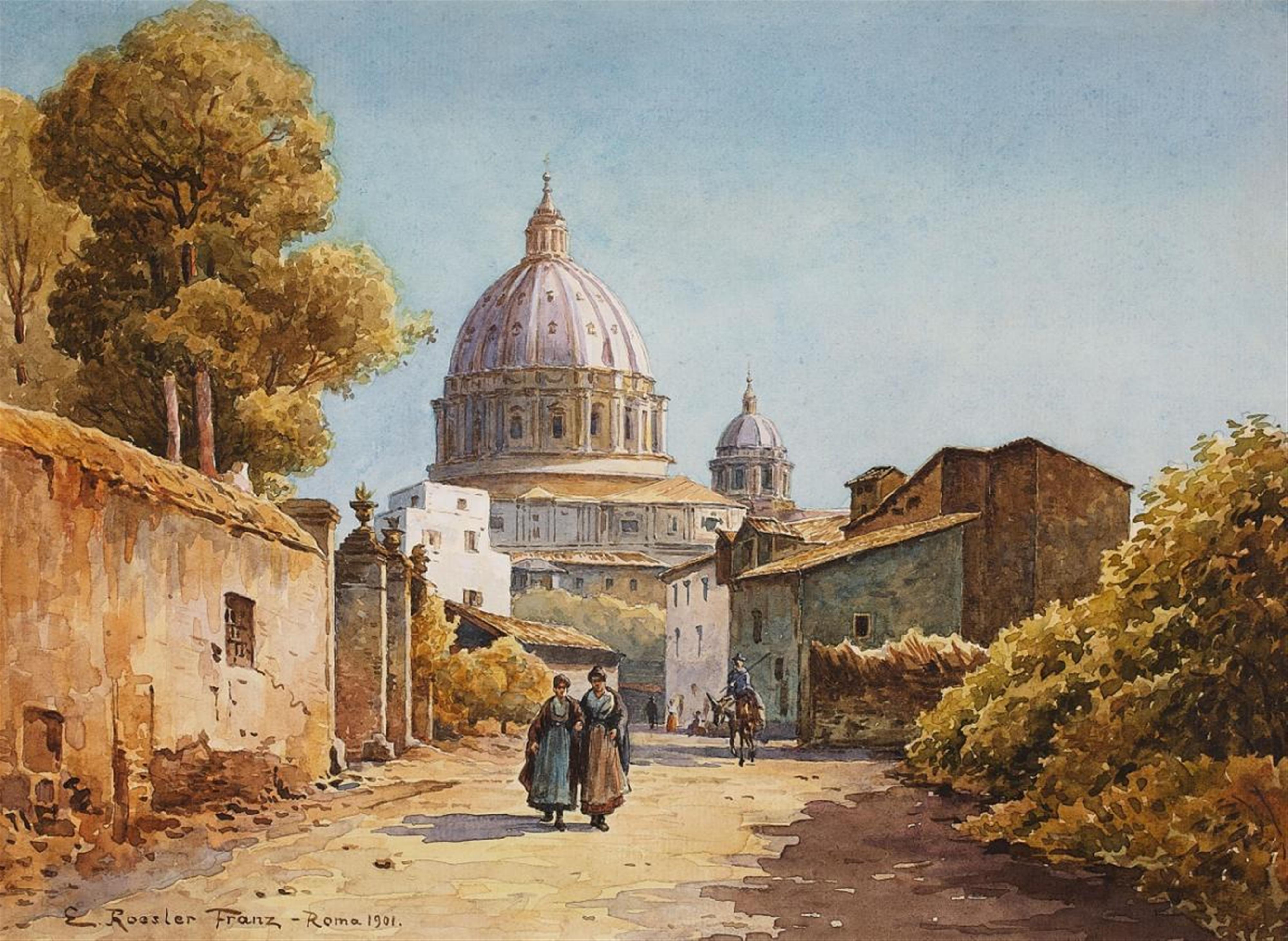 Ettore Roesler Franz - ROMAN STREET WITH VIEW OF THE CUPOLA OF SAINT PETER´S BASILICA - image-1