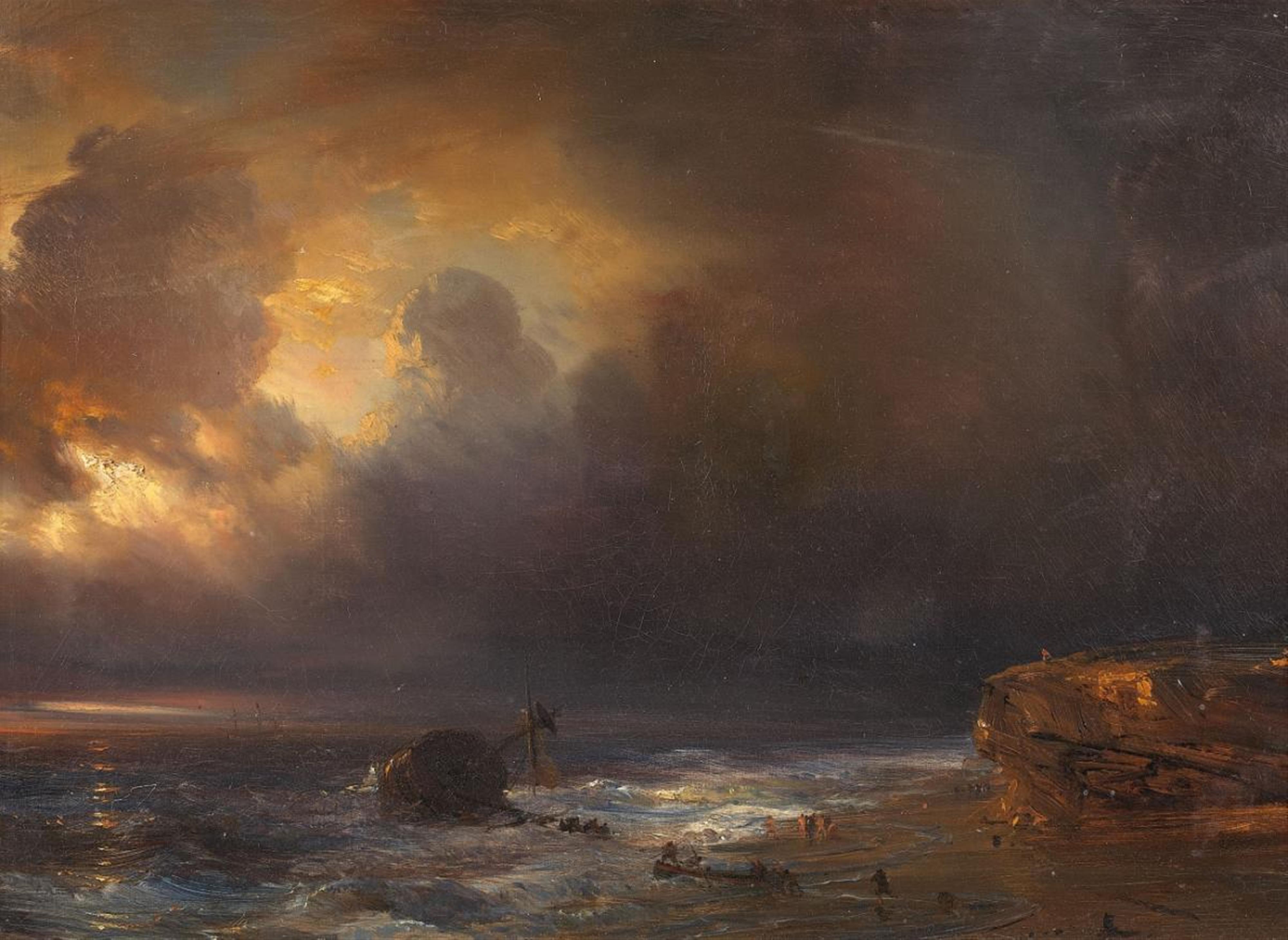 Unknown Artist, second half of the 19th Century - COASTAL LANDSCAPE WITH A SHIPWRECK IN THE NIGHT - image-1