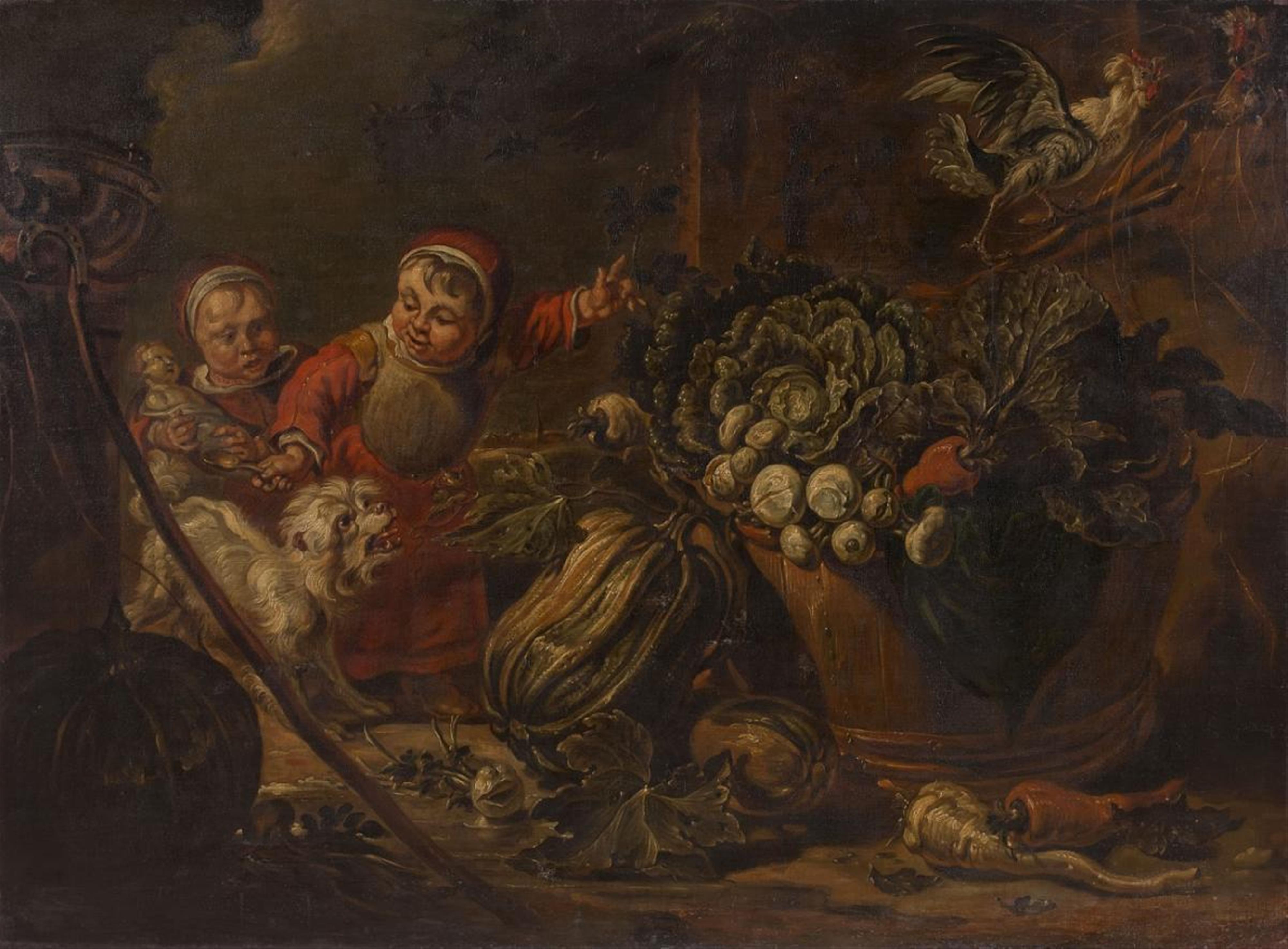 Jacob Jordaens, follower of - A PEASANT FAMILY DINING IN AN INTERIOR TWO CHILDREN WITH A DOG, CHICKEN REPELLENT - image-2