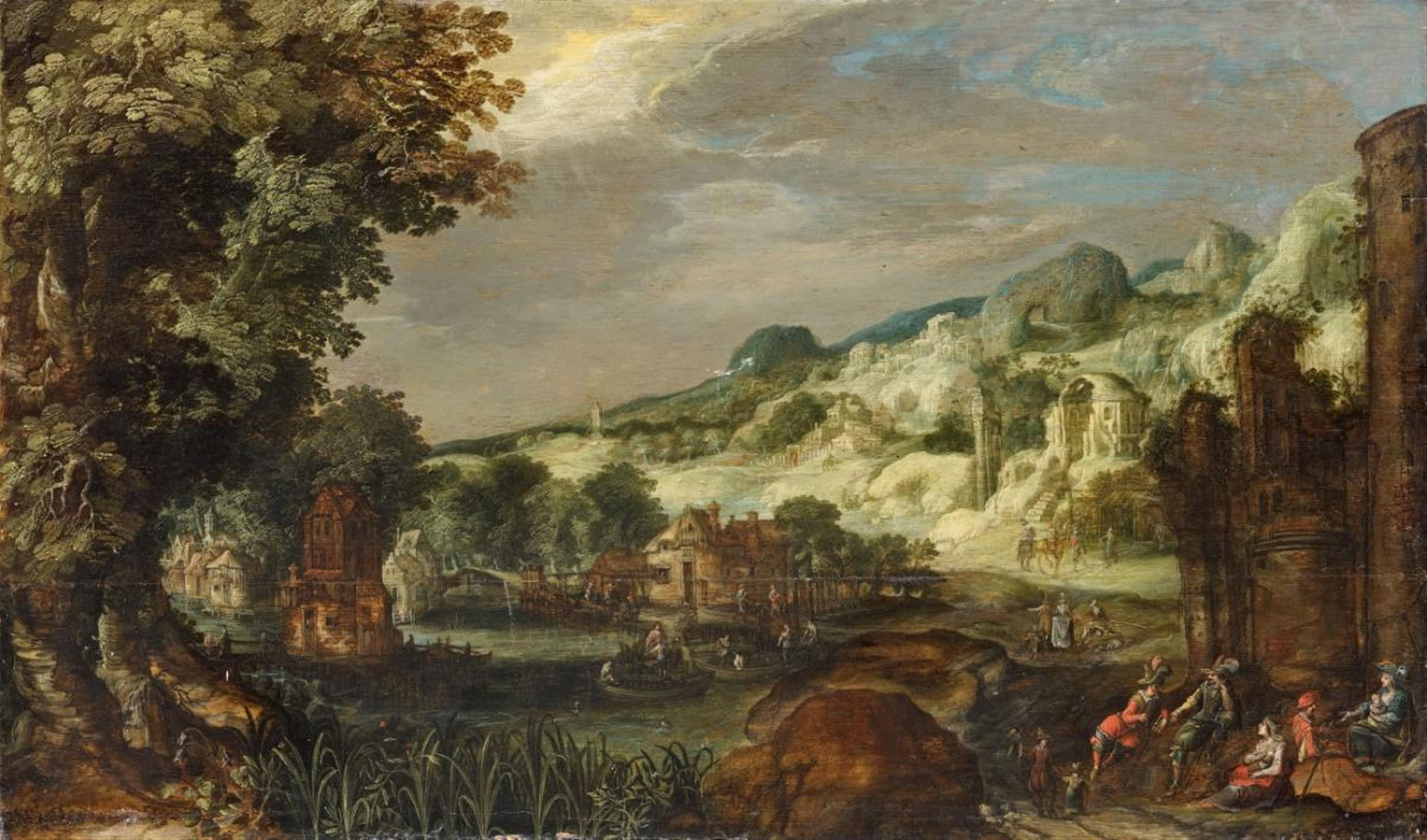 Gillis van Coninxloo III, attributed to - PHANTASTIC LANDSCAPE WITH RIVER, RUINS AND ARCHITECTURAL STAFFAGE - image-1