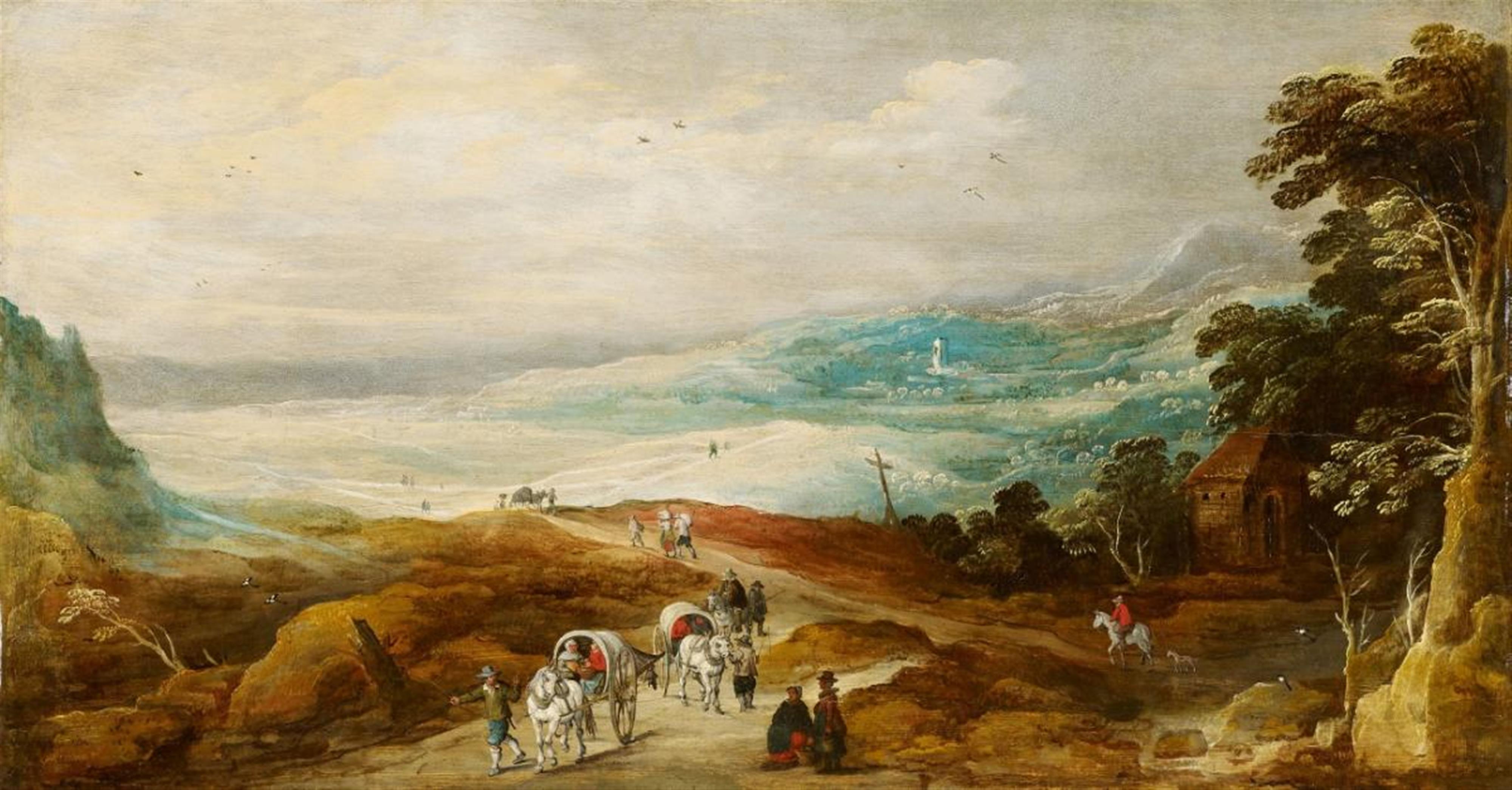 Joos de Momper - WIDE LANDSCAPE WITH TRAVELLERS AND WAGON - image-1