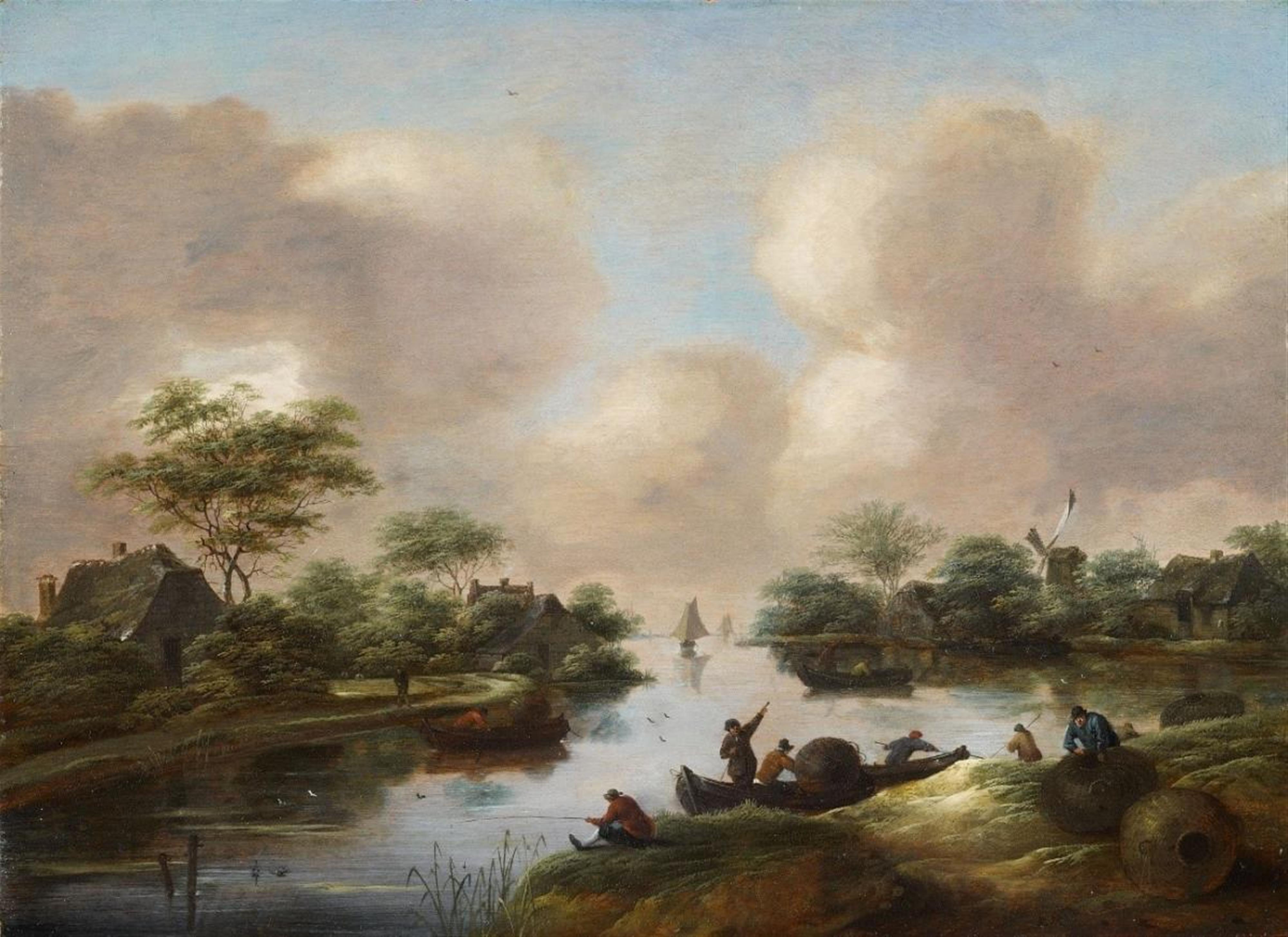 Klaes (Nicolaes) Molenaer - RIVER LANDSCAPE WITH FISHERMEN - image-1