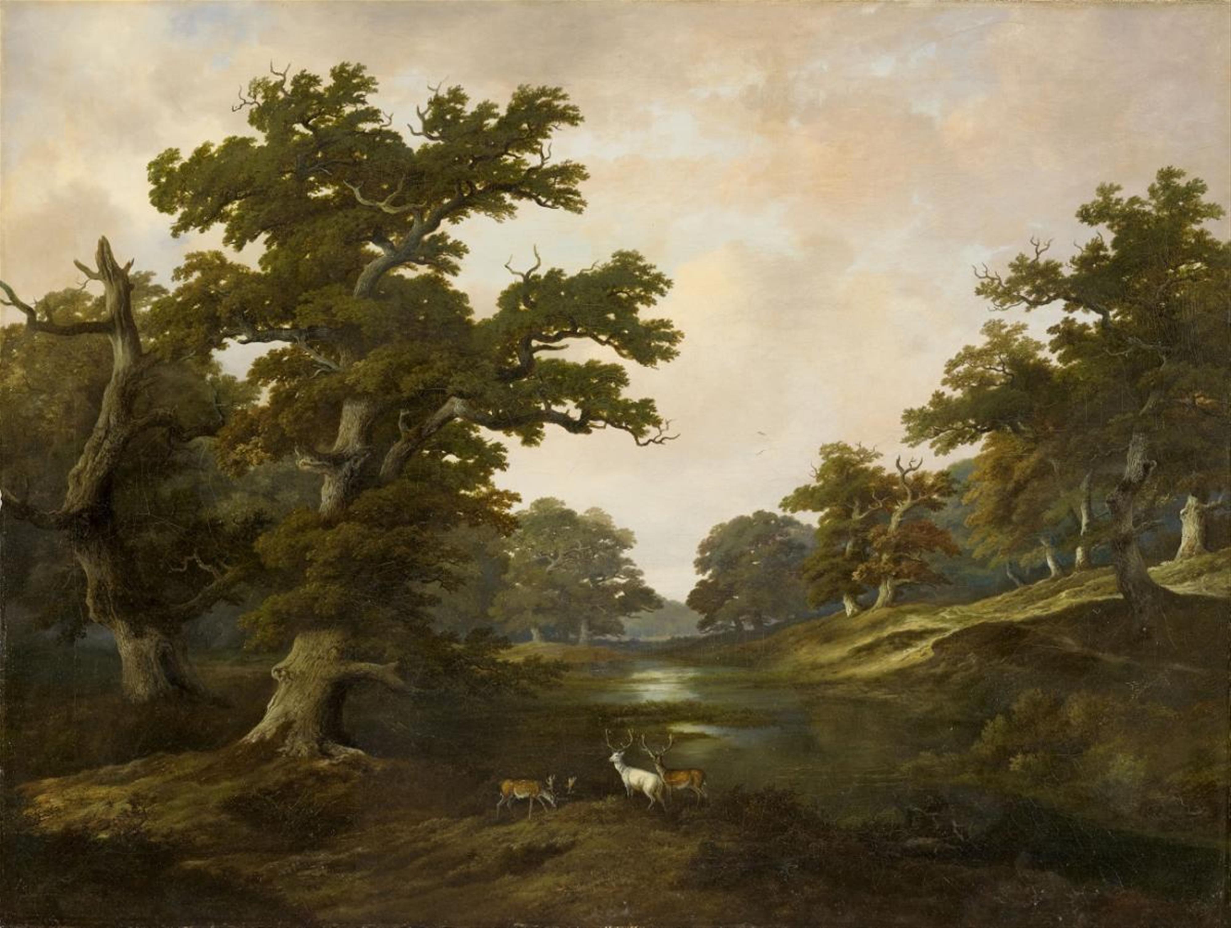 German School, early 19th Century - WOODED LANDSCAPE WITH DEERS AND A WHITE STAG - image-1