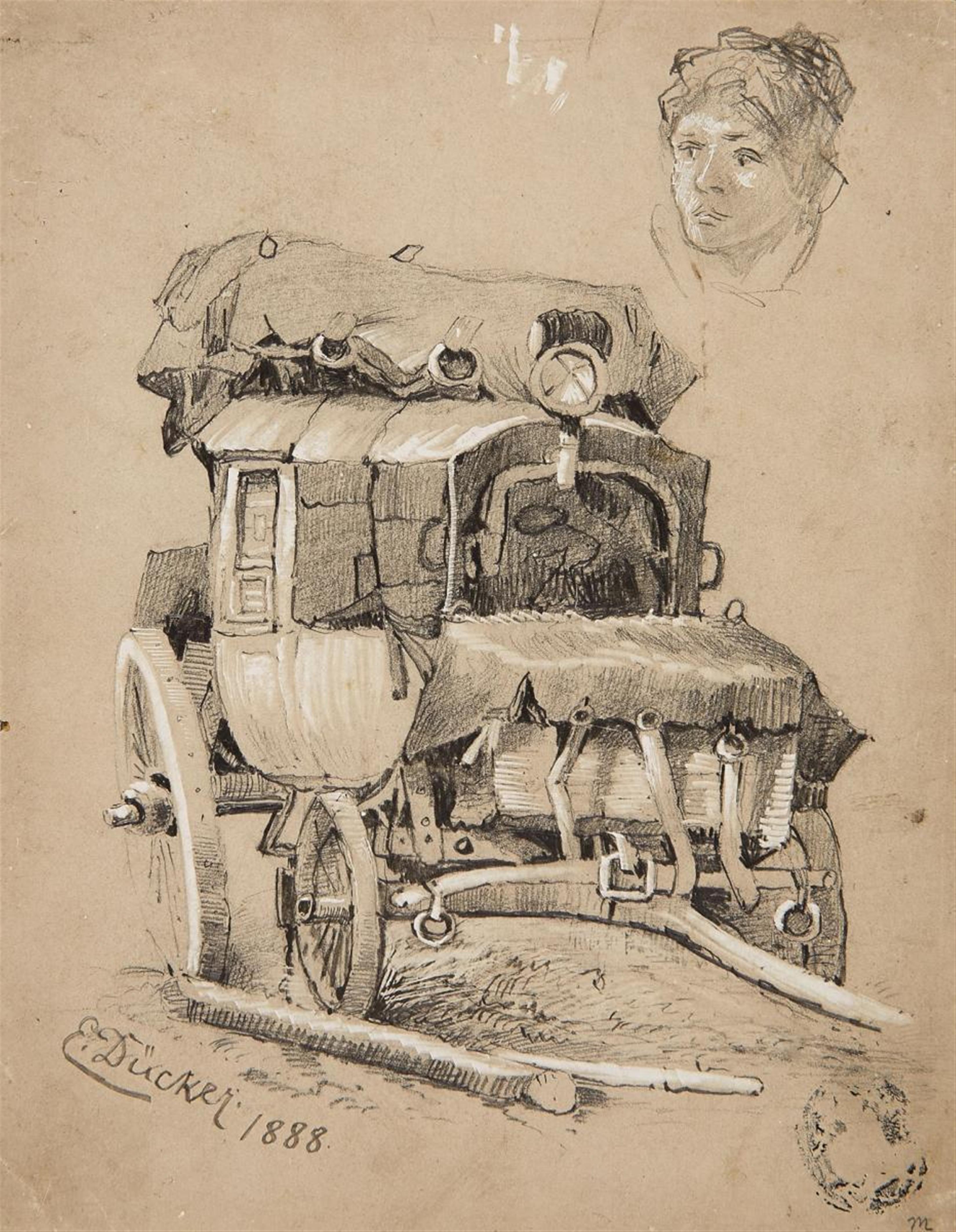 Eugène Gustav Dücker - HORSE AND CARRIAGE AND A STUDY OF A HEAD - image-1