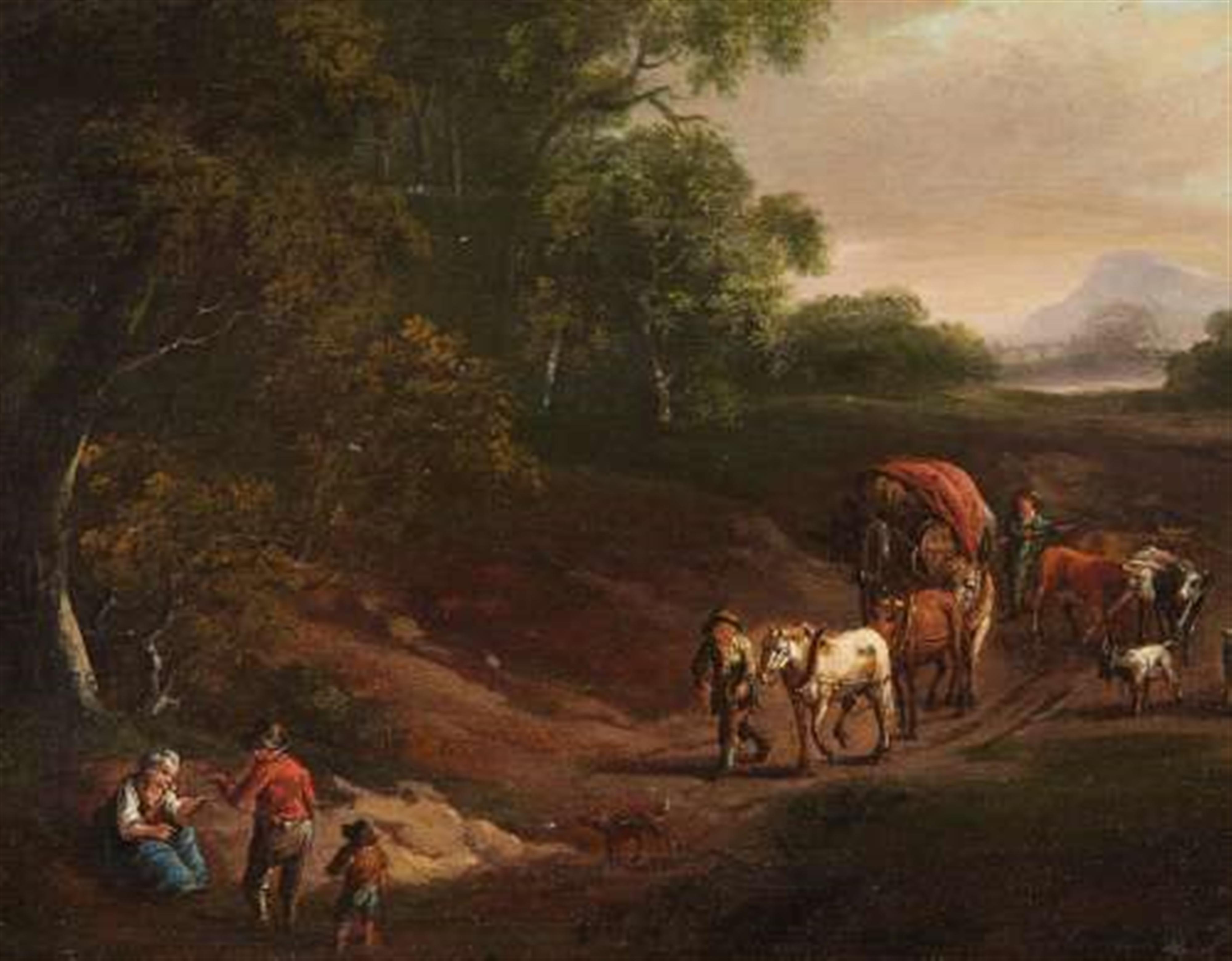 Flemish School of the 18th century - A WOODED LANDSCAPE WITH TRAVELLERS - image-1