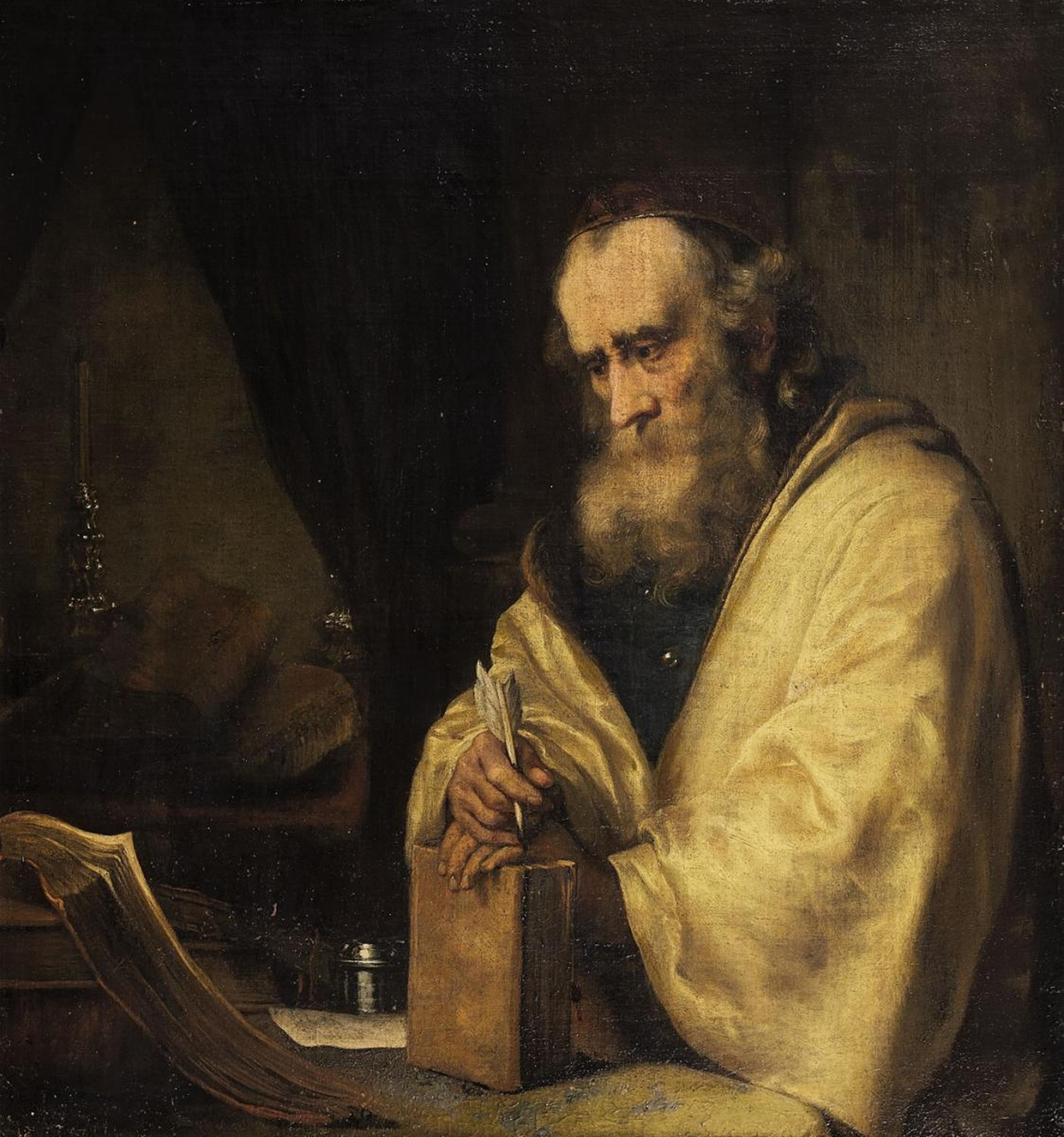 Ferdinand Bol, follower of - PHILOSOPHER (OR APOSTEL) WITH QUILL AND BOOK - image-1