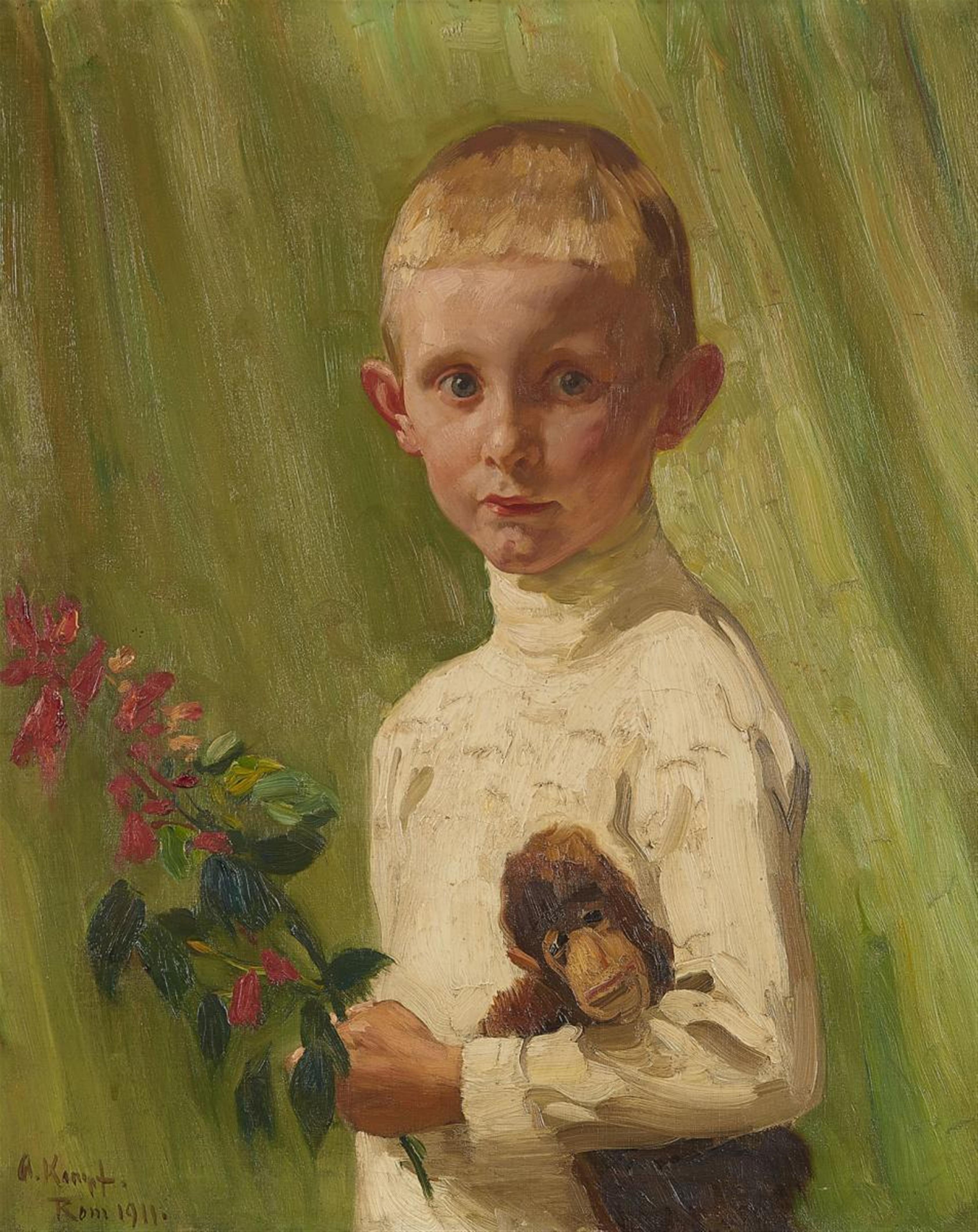 Arthur Kampf - PORTRAIT OF A BOY WITH A FLOWERING BRANCH AND A MONKEY - image-1