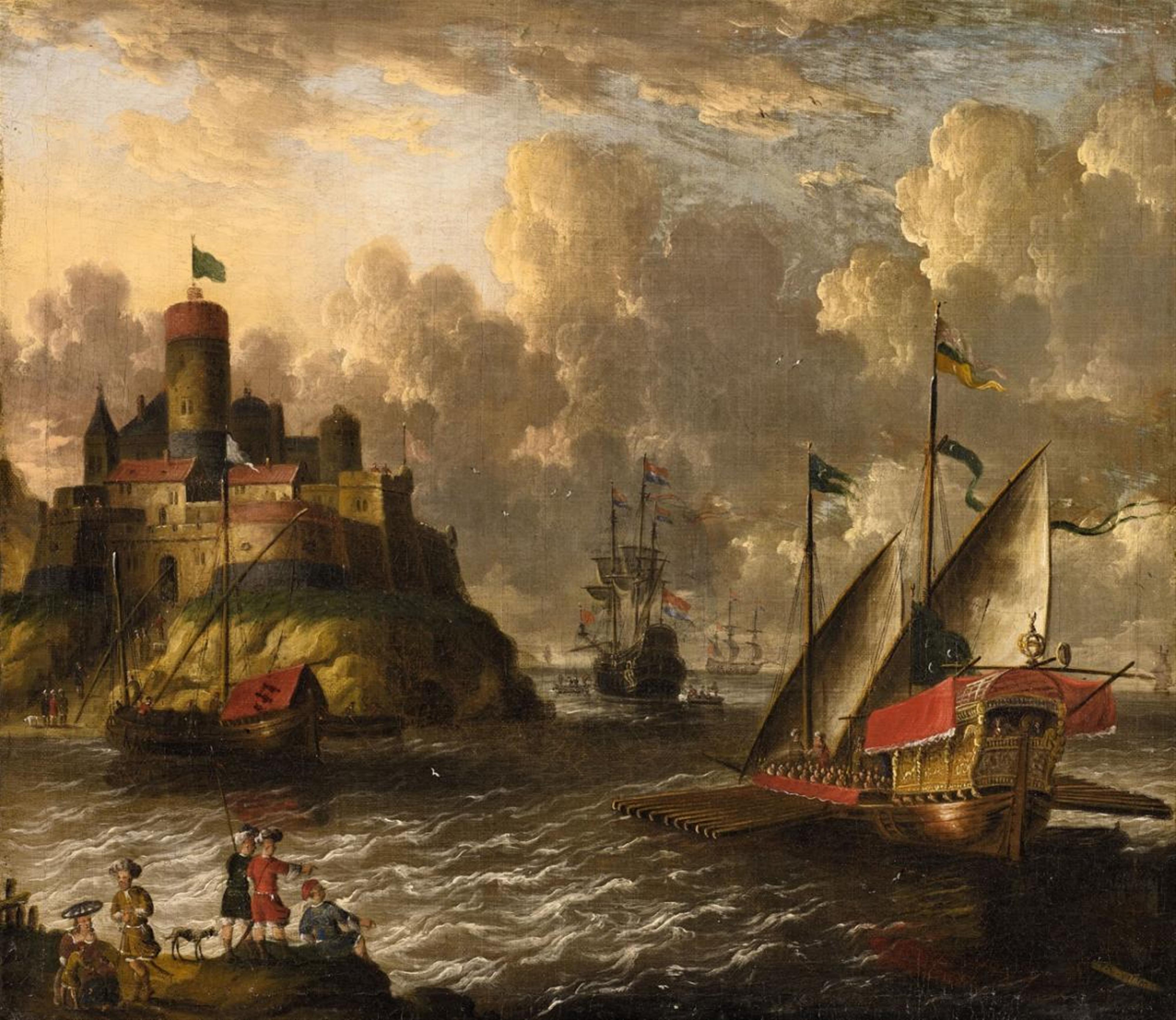 Pieter van den Velde - A VIEW OF A HARBOUR WITH A GALLEY - image-1