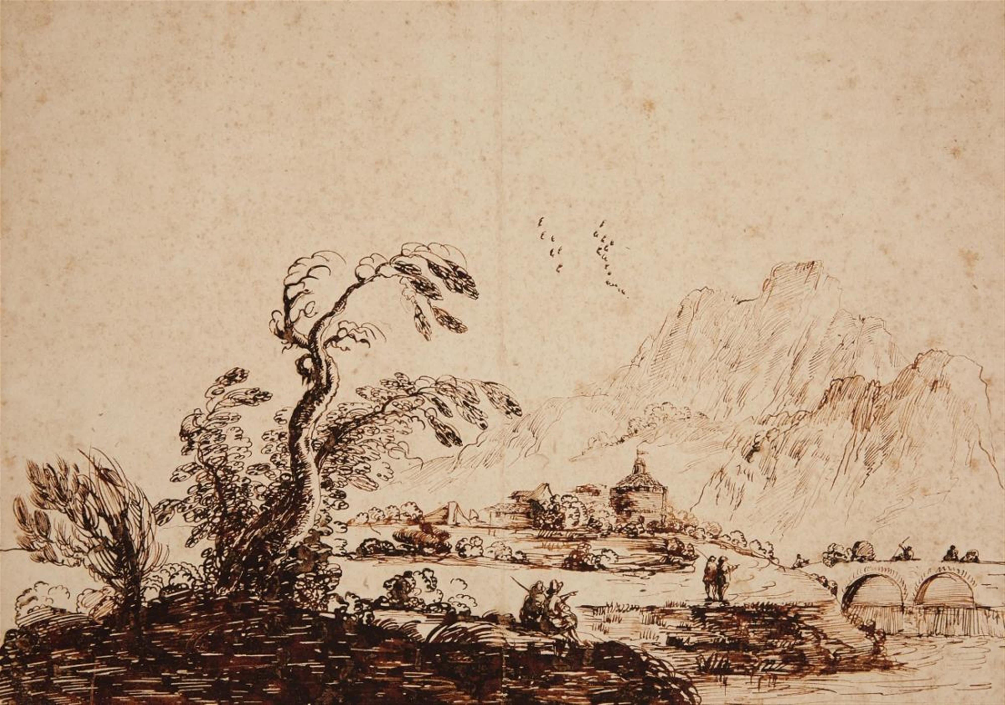 Giovanni Francesco Barbieri, called Il Guercino, attributed to - A MOUNTAINOUS LANDSCAPE WITH RIVER AND FISHERS - image-1