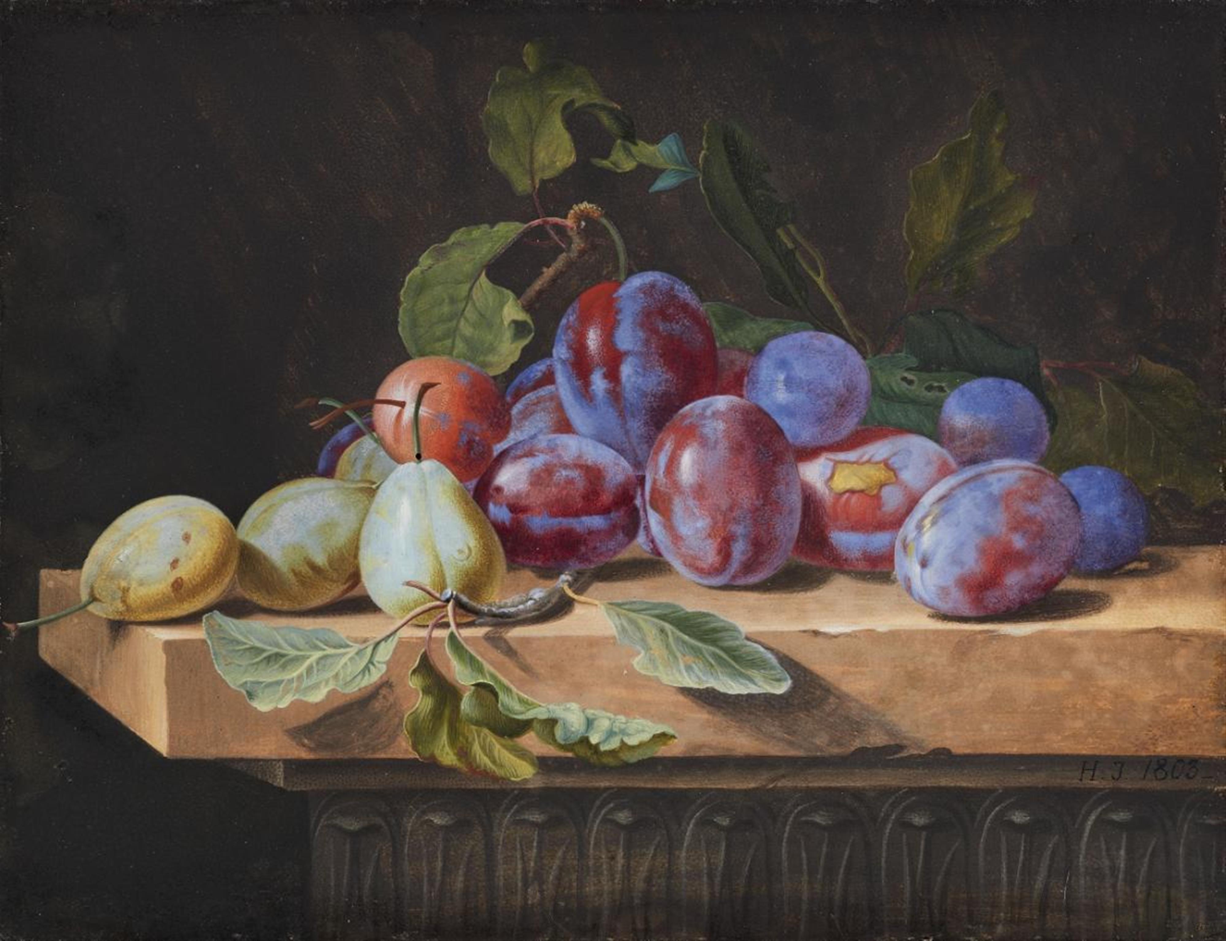 Monogrammist H.J. - STILL LIFE WITH PLUMS AND PEARS - image-1