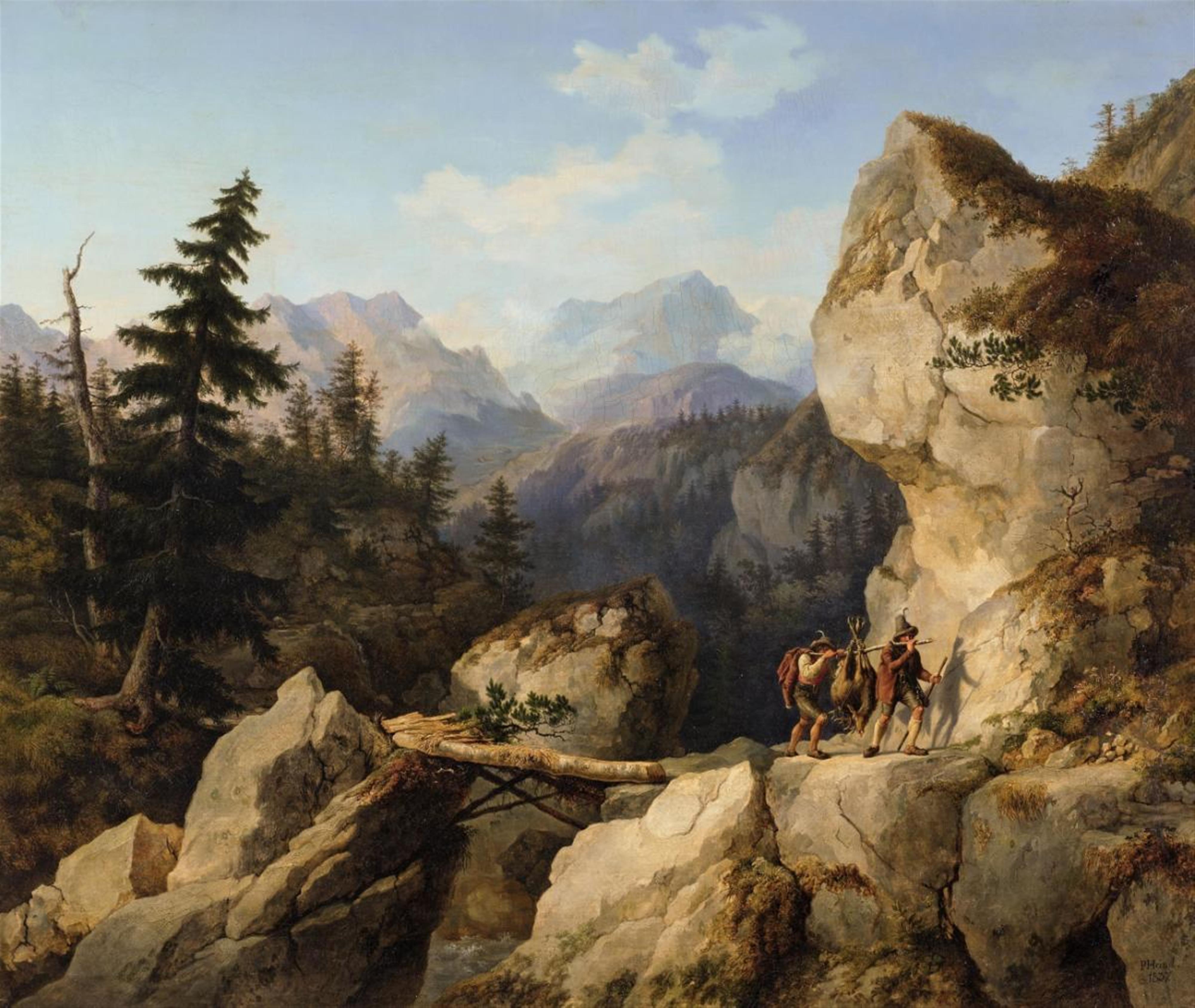 Johann Philipp Heinel - A MOUNTAINOUS LANDSCAPE WITH HUNTERS - image-1