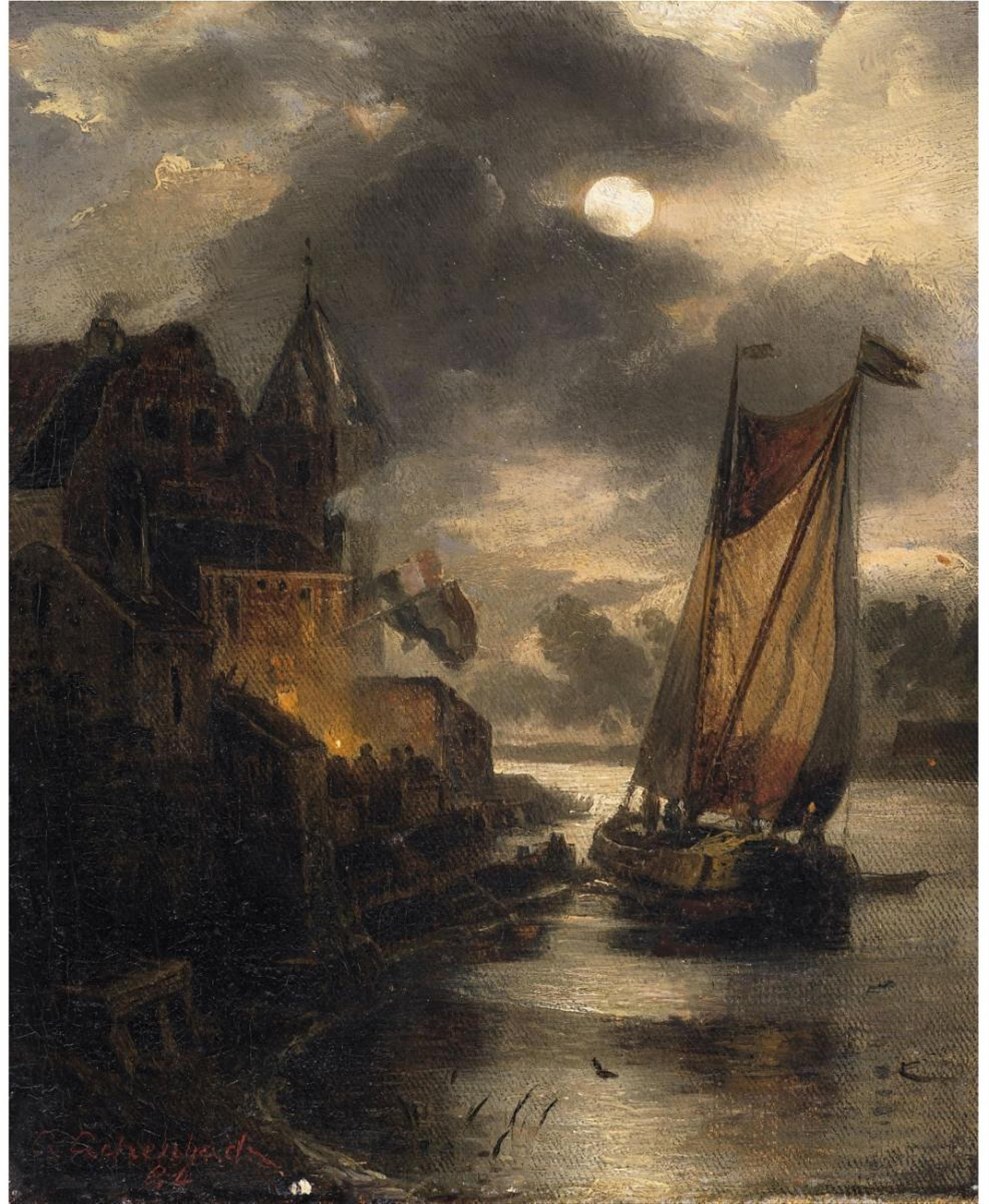 Andreas Achenbach - A VIEW OF A DUTCH COASTAL TOWN AND A SAILING BOAT BY MOONLIGHT - image-1