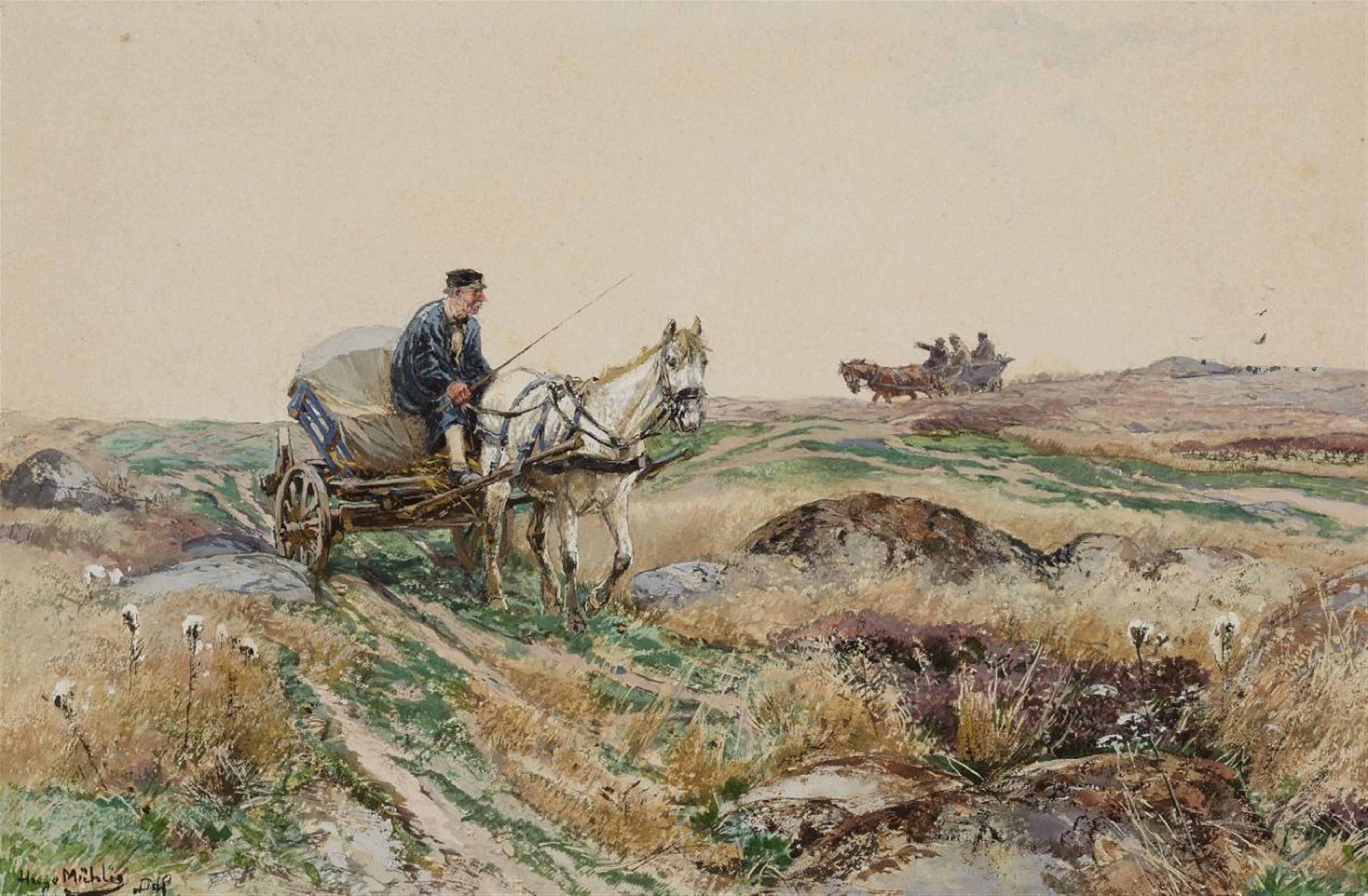 Hugo Mühlig - A LANDSCAPE WITH TWO HORSE-DRAWN CARRIAGES - image-1