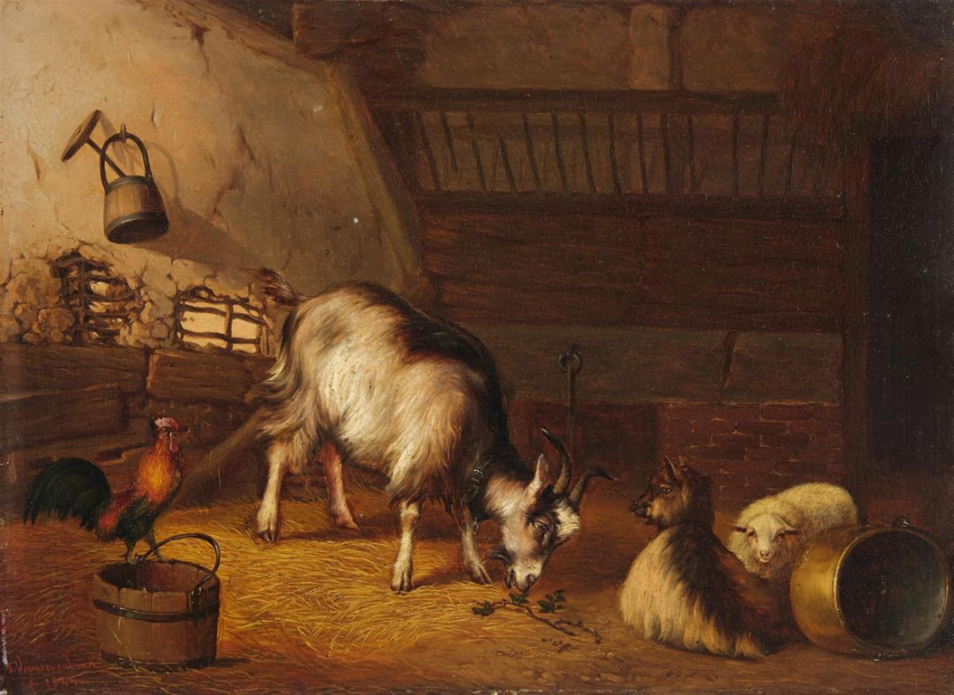 Frans van Severdonck - A Goat and Two Sheep in a Stable - image-1