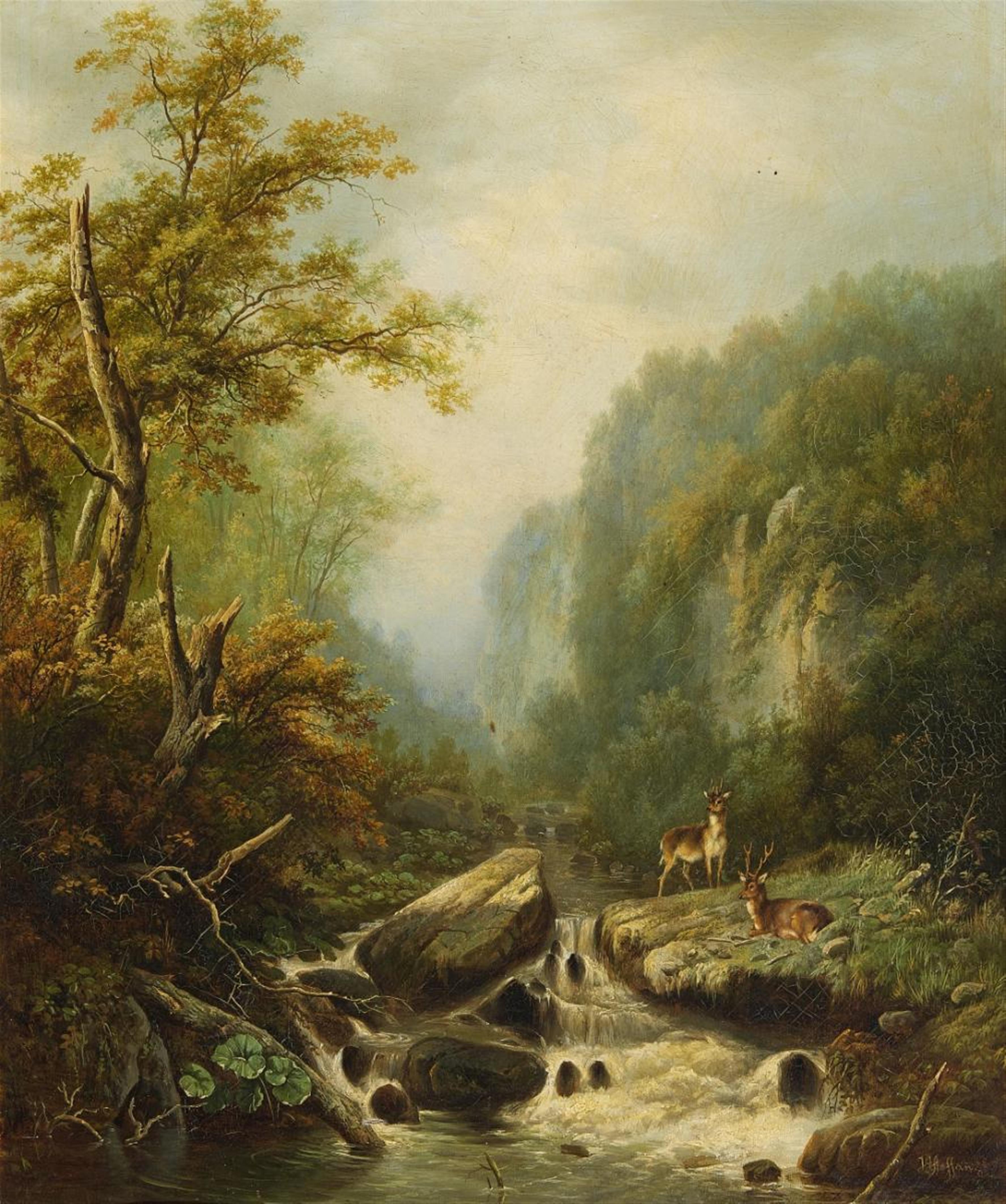 Johann Gottfried Steffan - Landscape with two Deer by a Mountain Stream - image-1