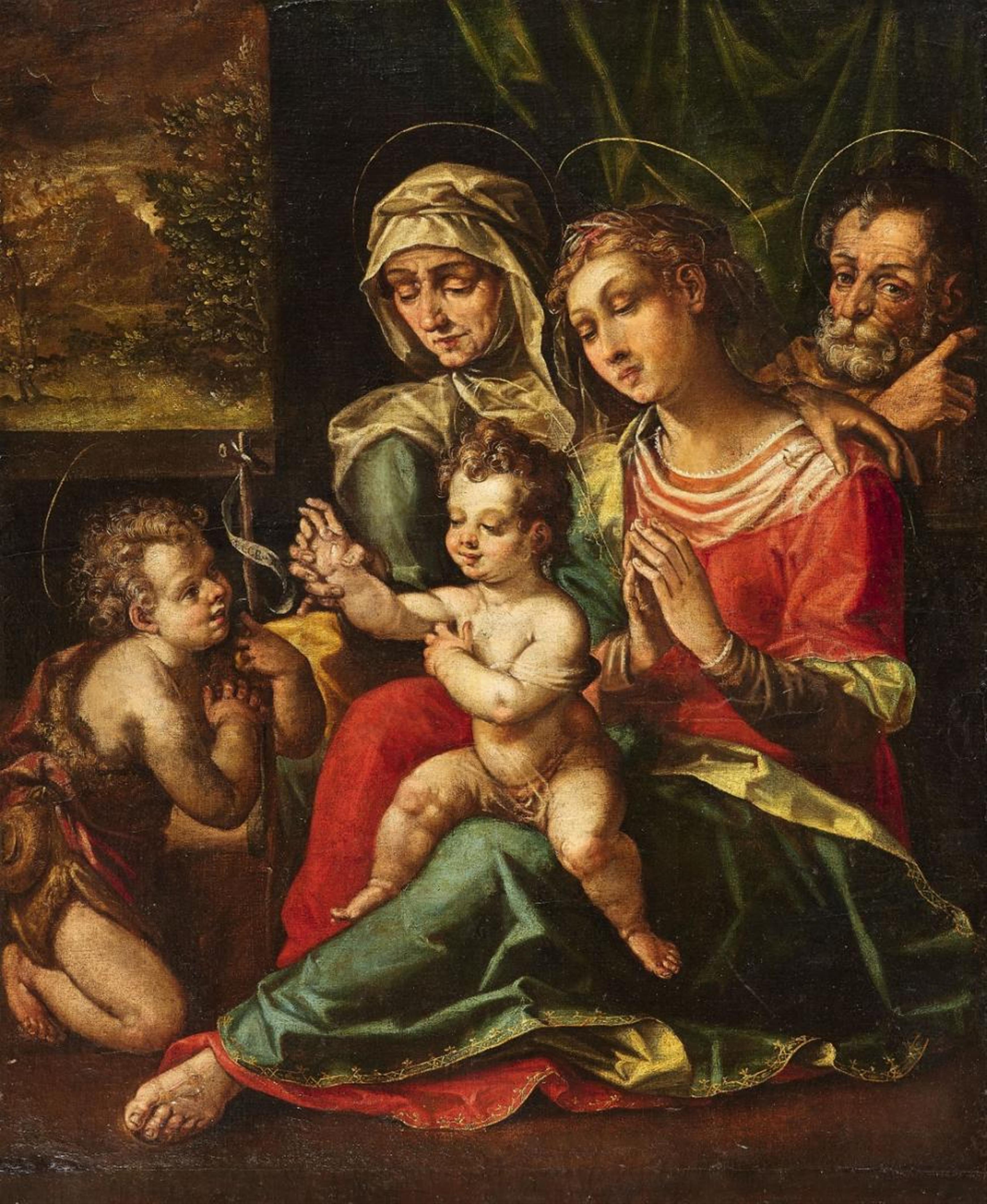 Flemish School Ca. 1580 - The Holy Family with Saint Anne and Saint John - image-1