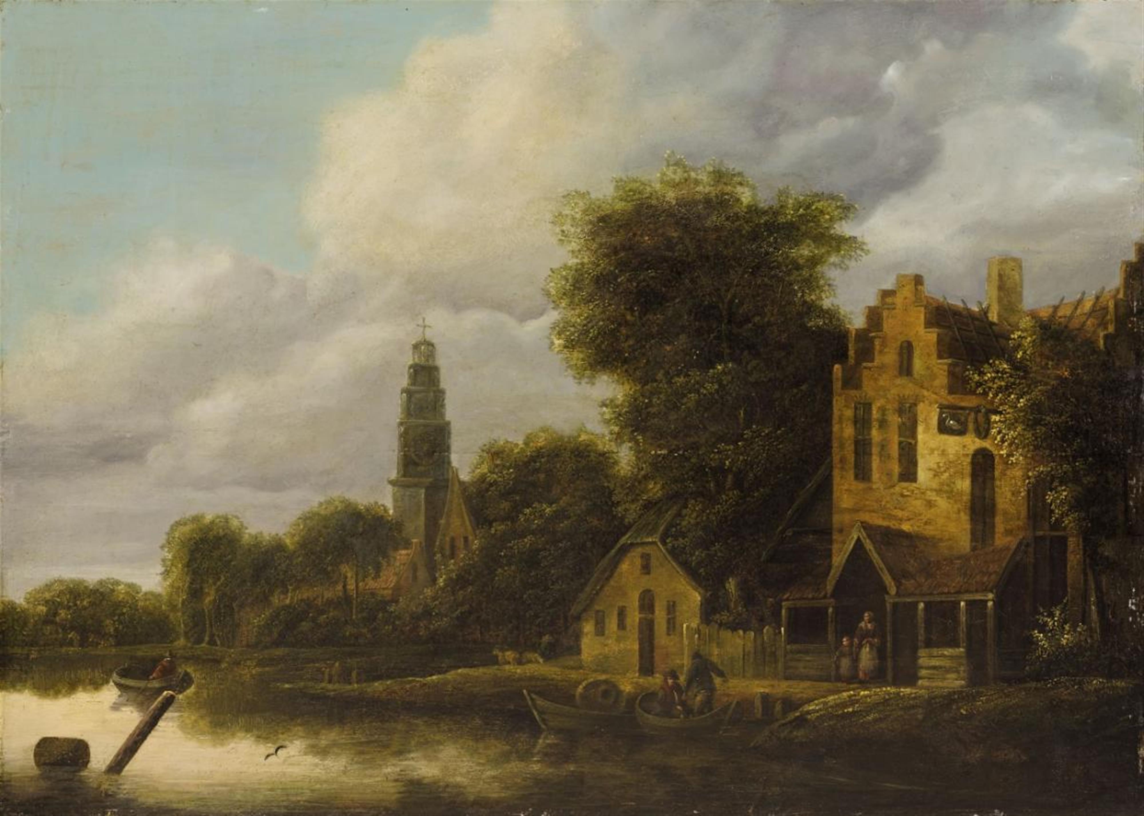 Netherlandish School of the 17th century - Canal Landscape with a Church Spire and Inn - image-1