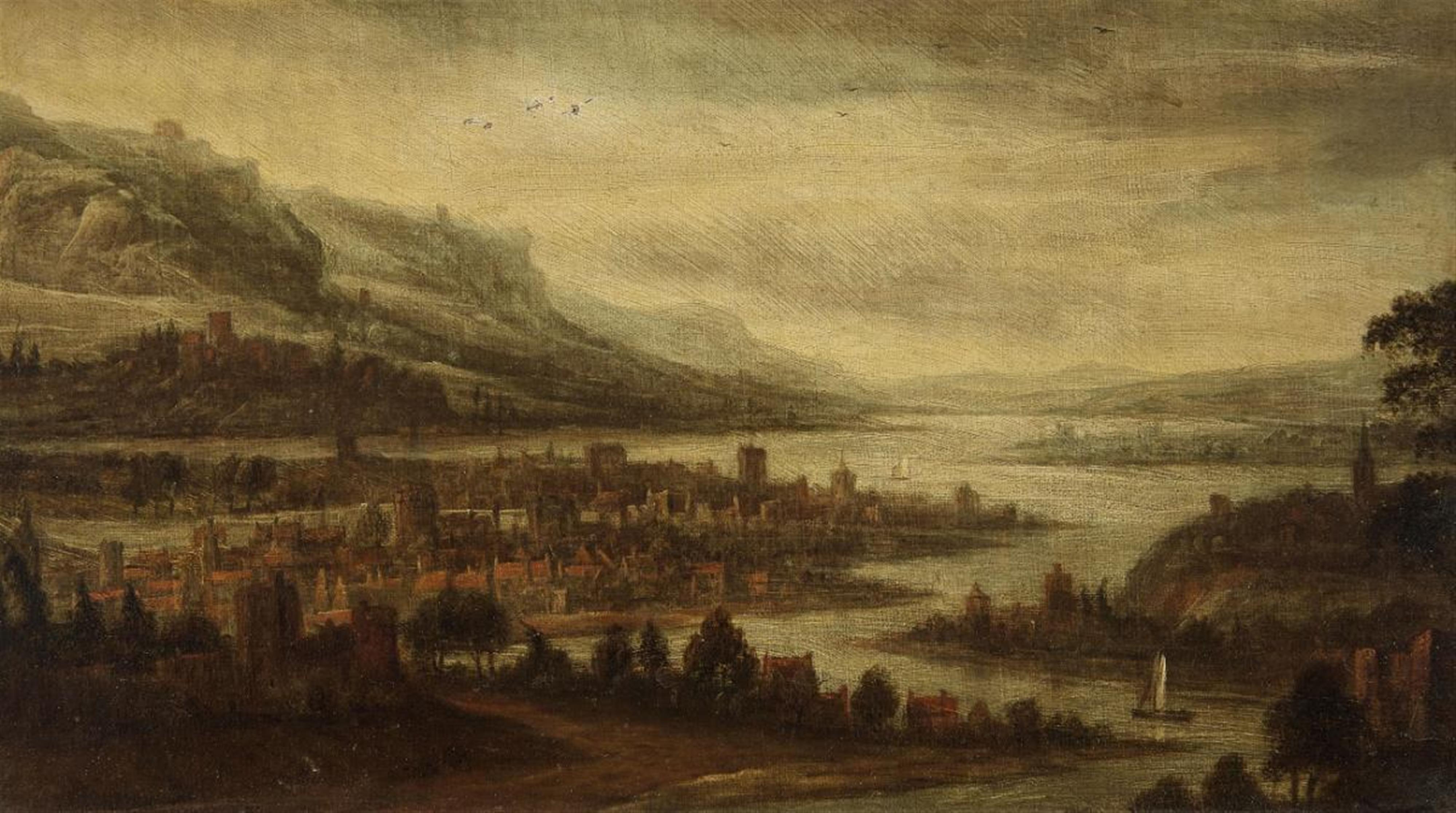 Dionys Verburg, zugeschrieben - Landschaft mit Stadt am Fluss - image-1