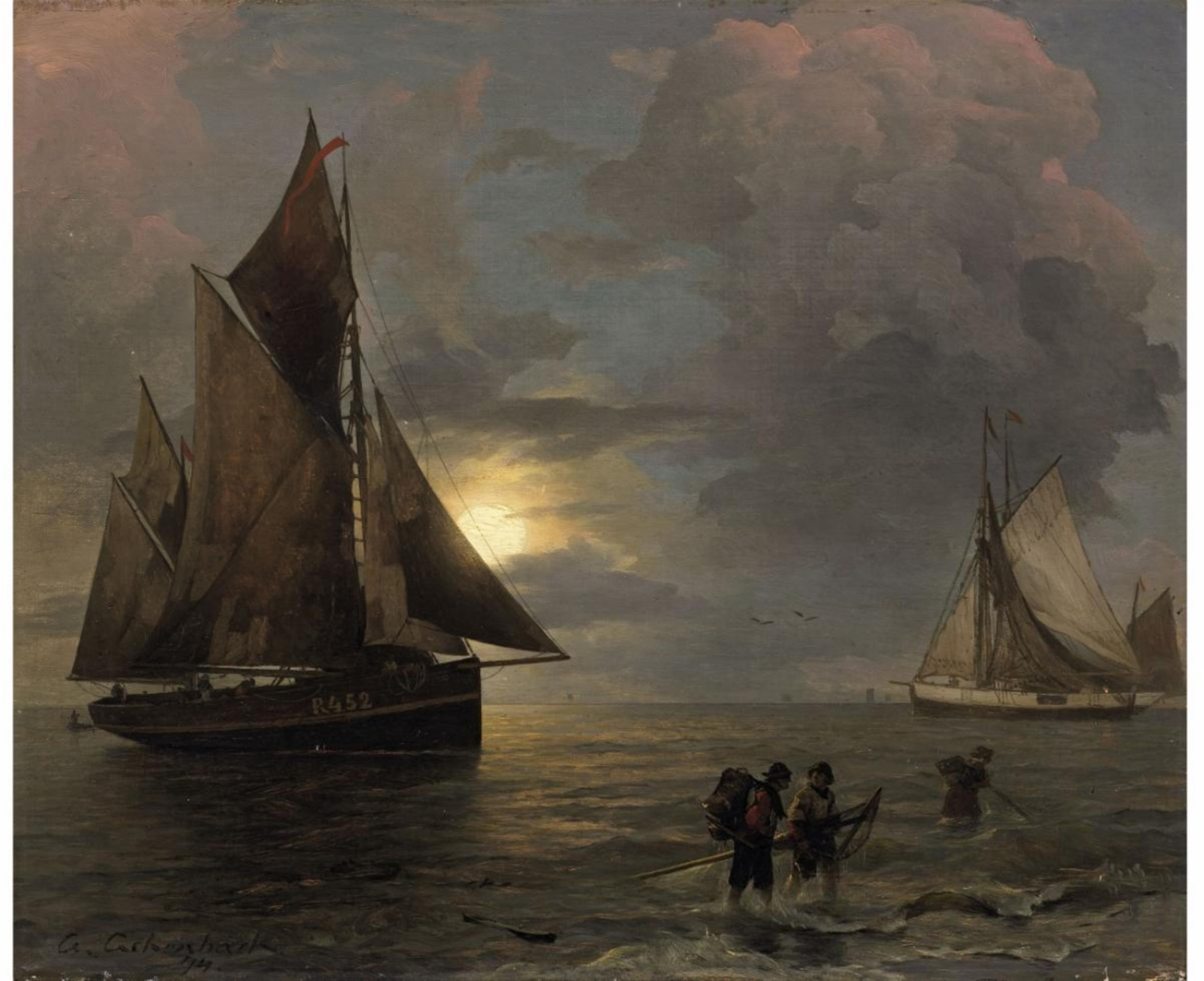 Andreas Achenbach - A Coastal Landscape with Sailing Ships by Moonlight - image-1