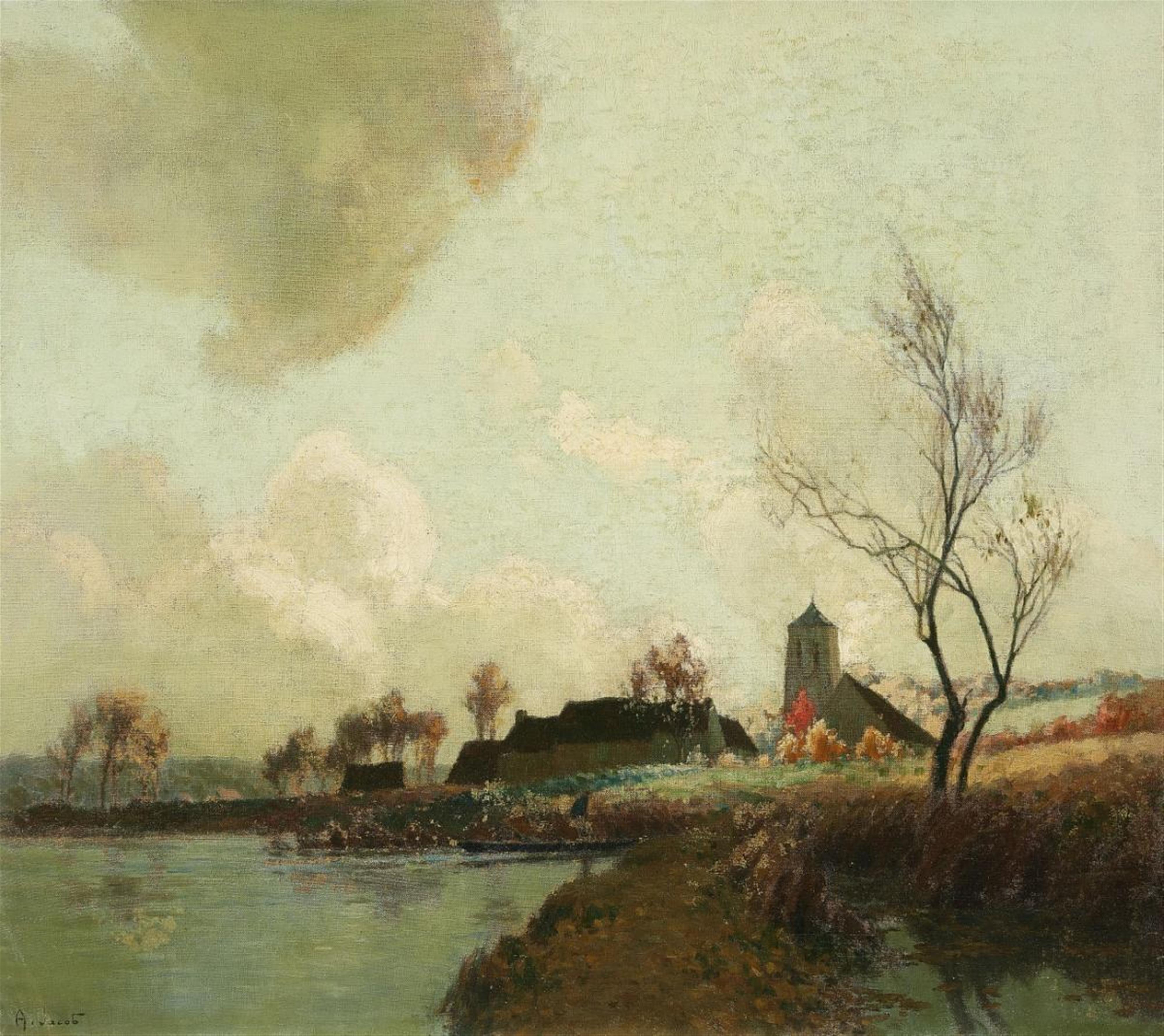 Alexandre Jacob - Autumn Sunlight on the Banks of the Marne Winter Landscape with a Flock of Sheep - image-1