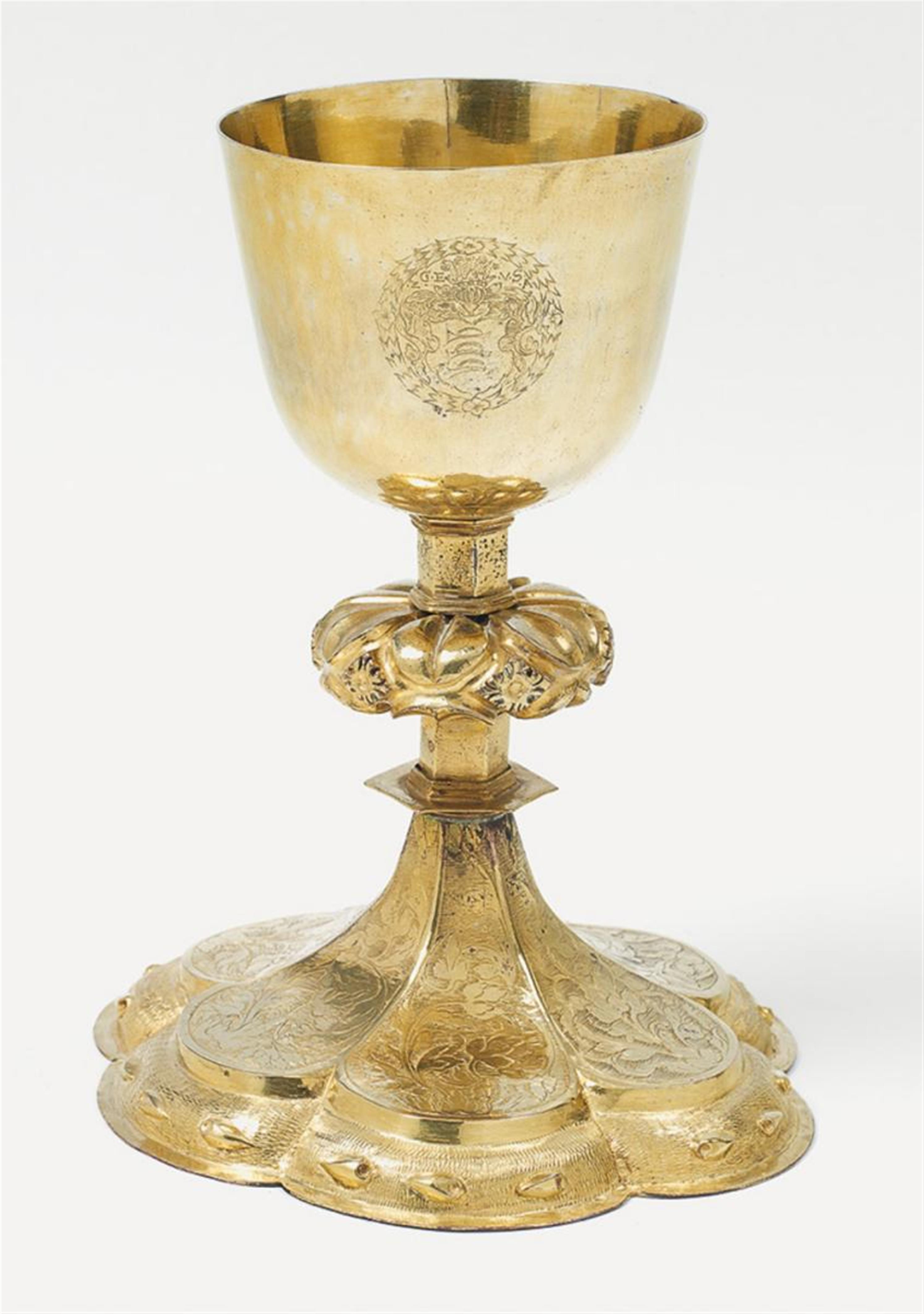 A gilt copper communion chalice. Engraved with the arms of the Scheyer family and monogrammed "GEvSzA". Probably Carniola, present day Slovenia, 17th C. - image-1