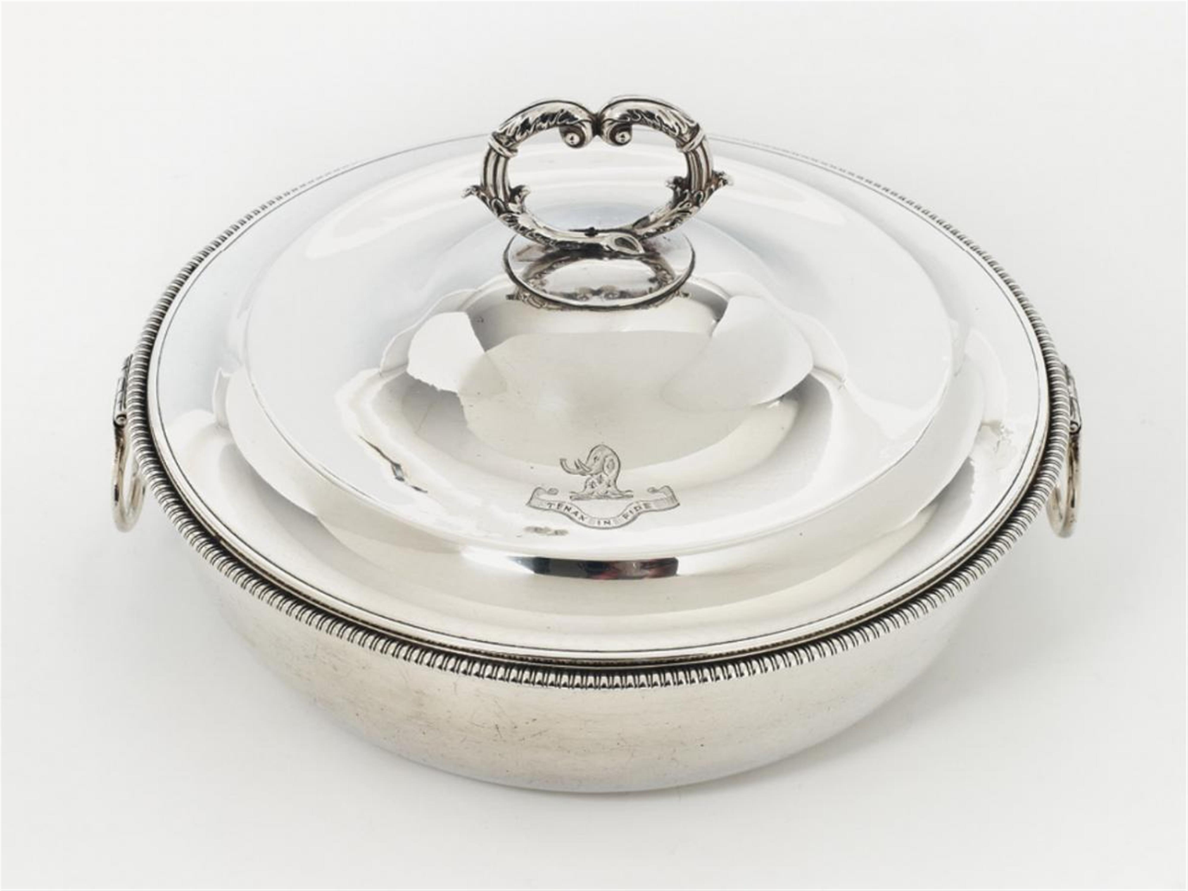 A George III London silver dish and cover. Engraved with crest and motto of the Abel-Smith family "TENAX IN FIDE". Marks of Digby Scott & Benjamin Smith II, 1802. - image-1