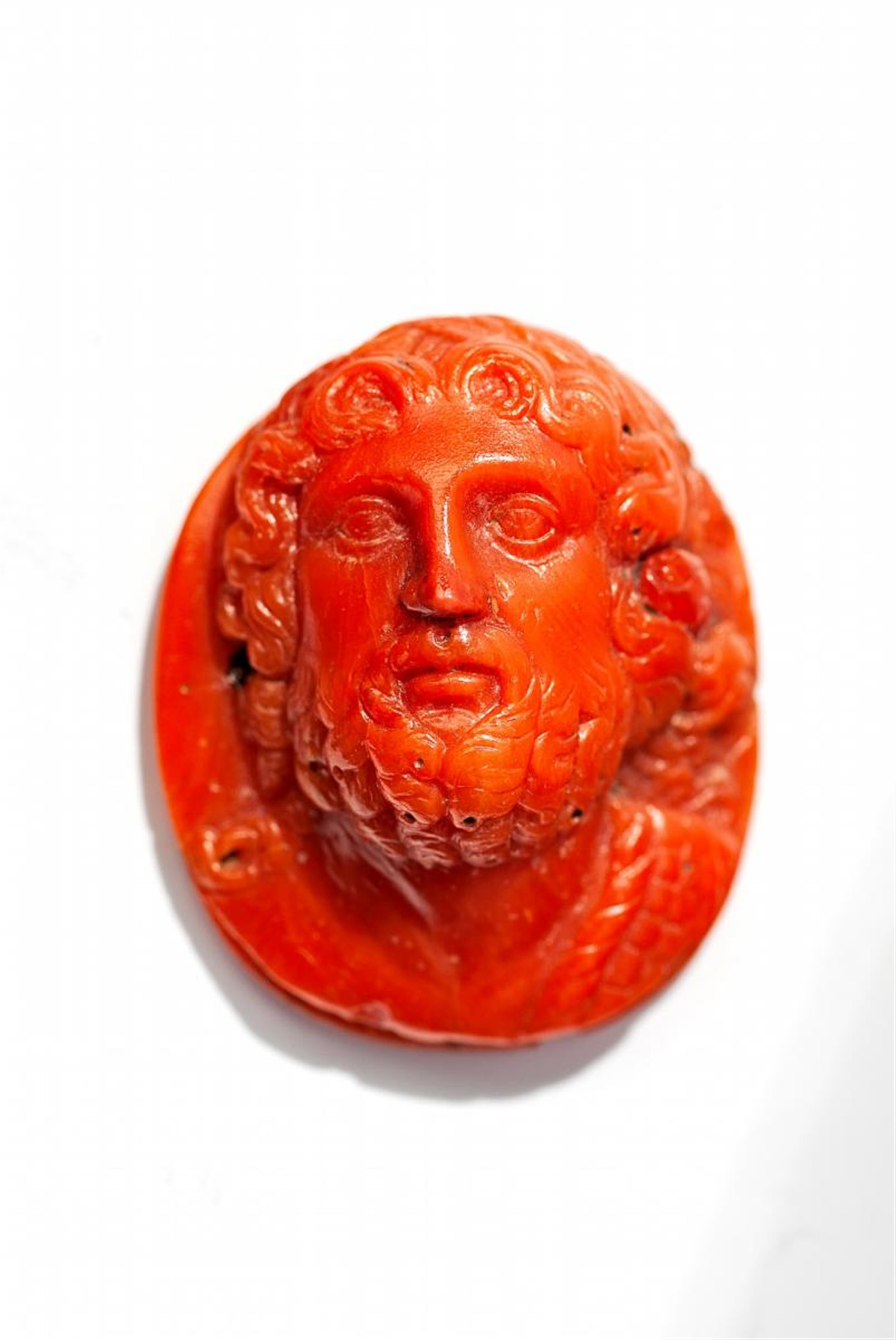 A Neoclassical coral cameo depicting God Zeus in a laurel wreath. - image-1