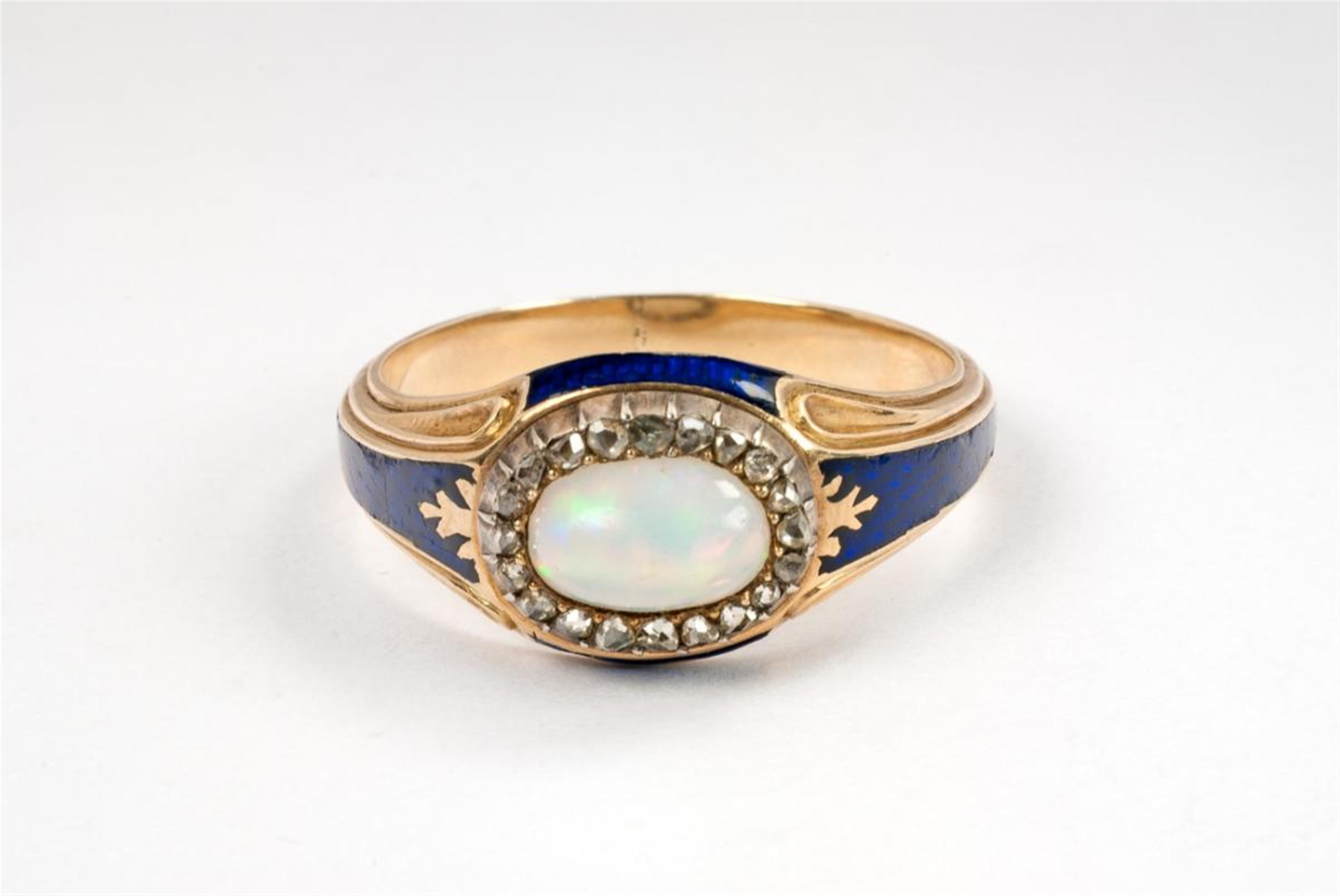 A men's 14 ct gold, silver, enamel, diamond and opal ring. - image-1