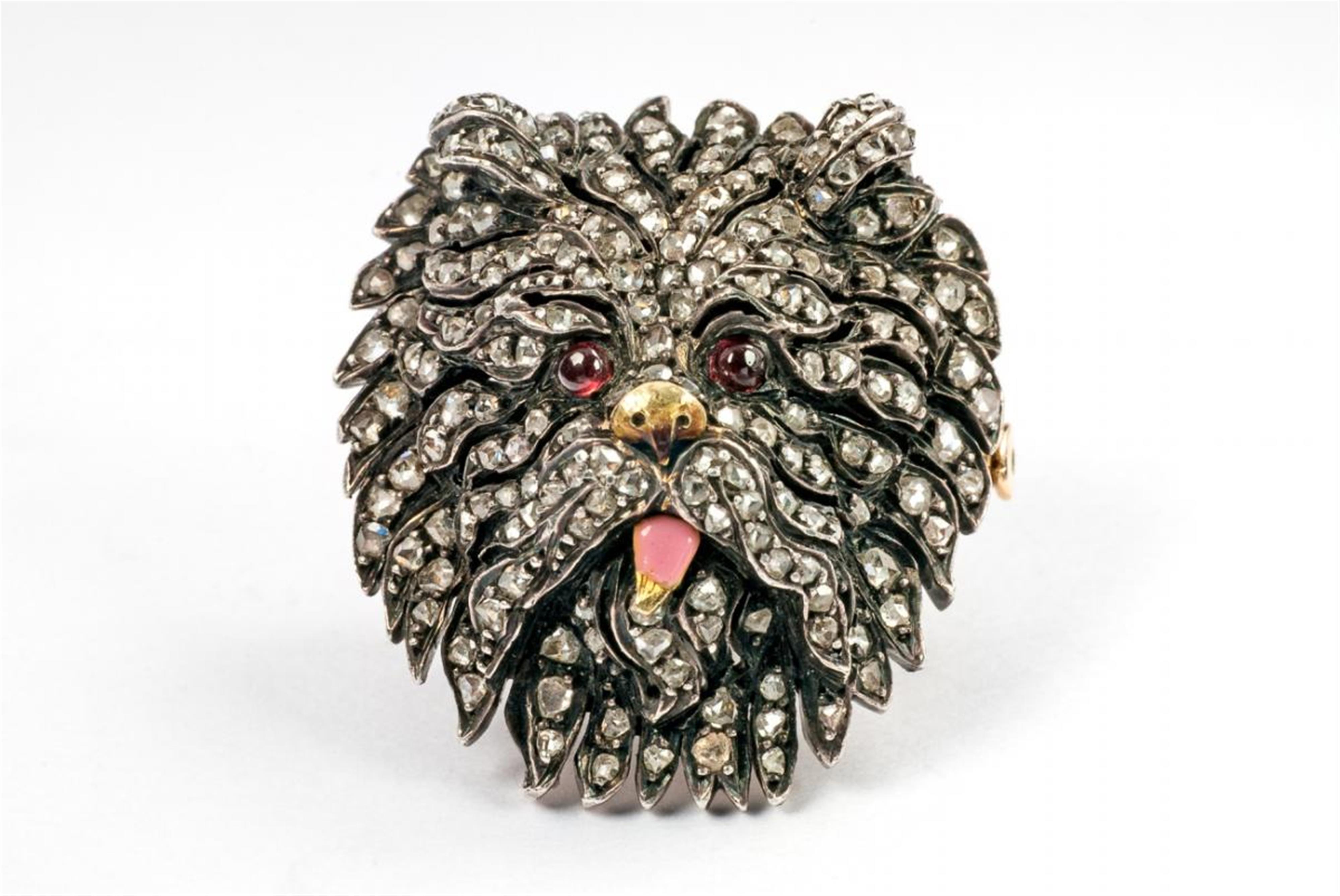 A French Belle Epoque gold, silver gem-set dog's head brooch. - image-1