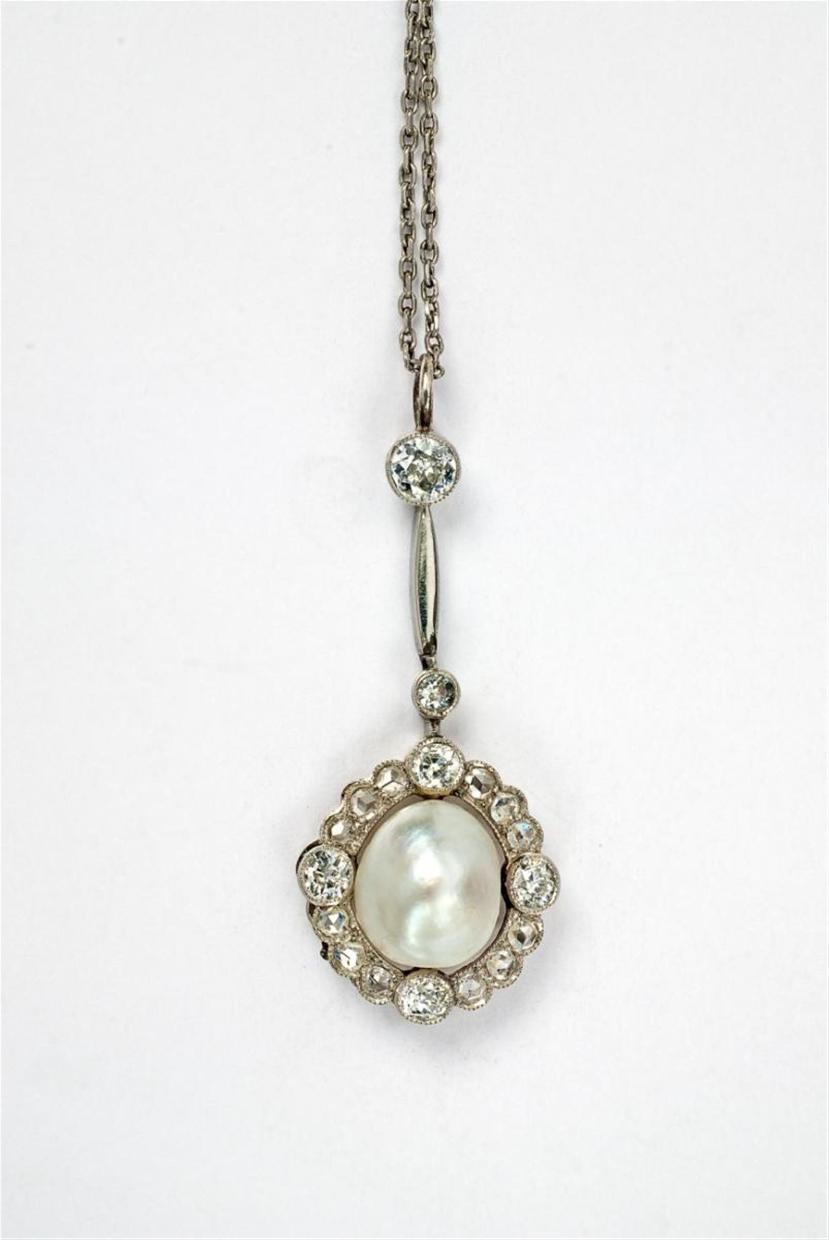 A platinum, natural pearl, and diamond pendant necklace. - image-1