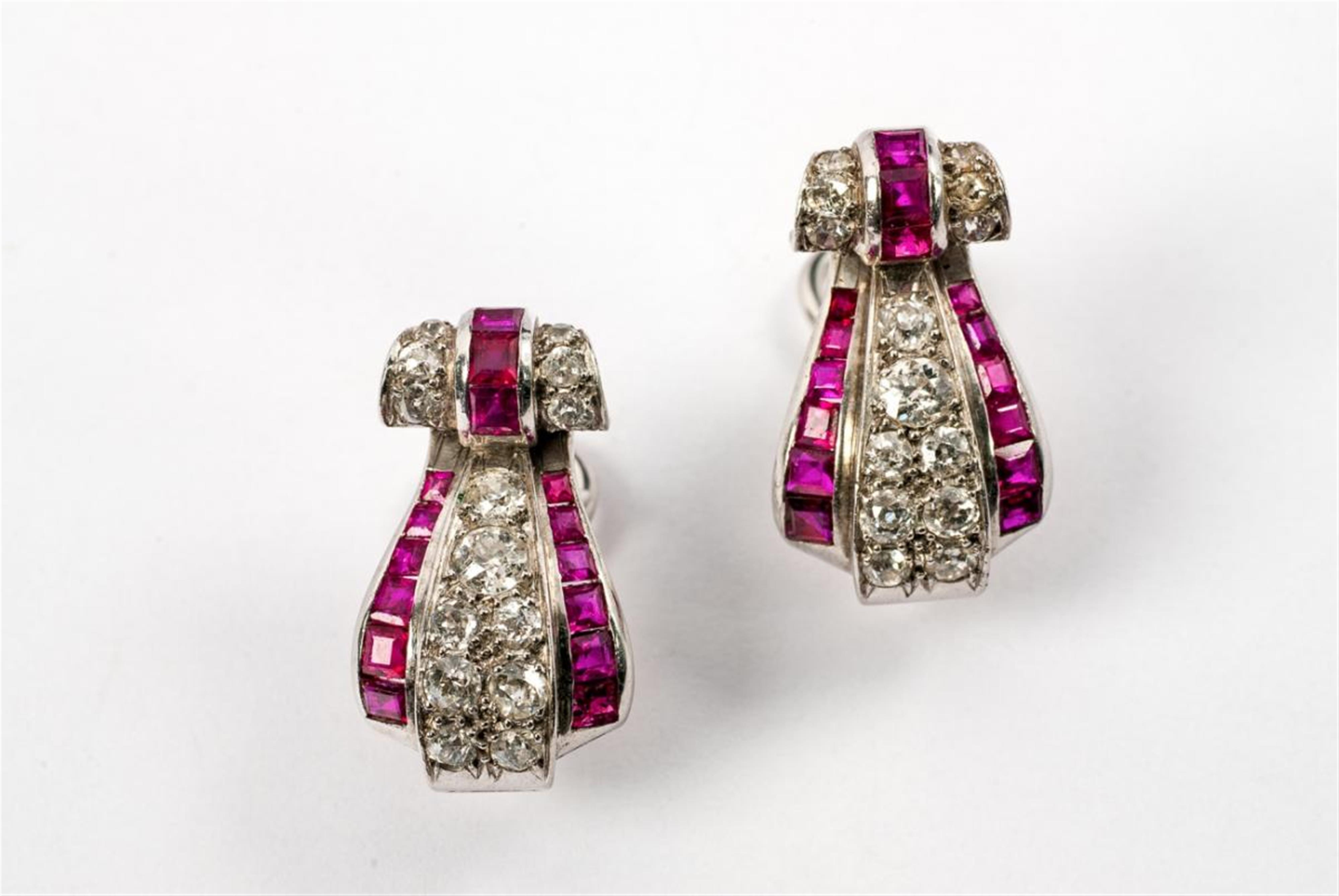 A pair of Art Déco 18 ct gold, diamond and ruby clip earrings. - image-1