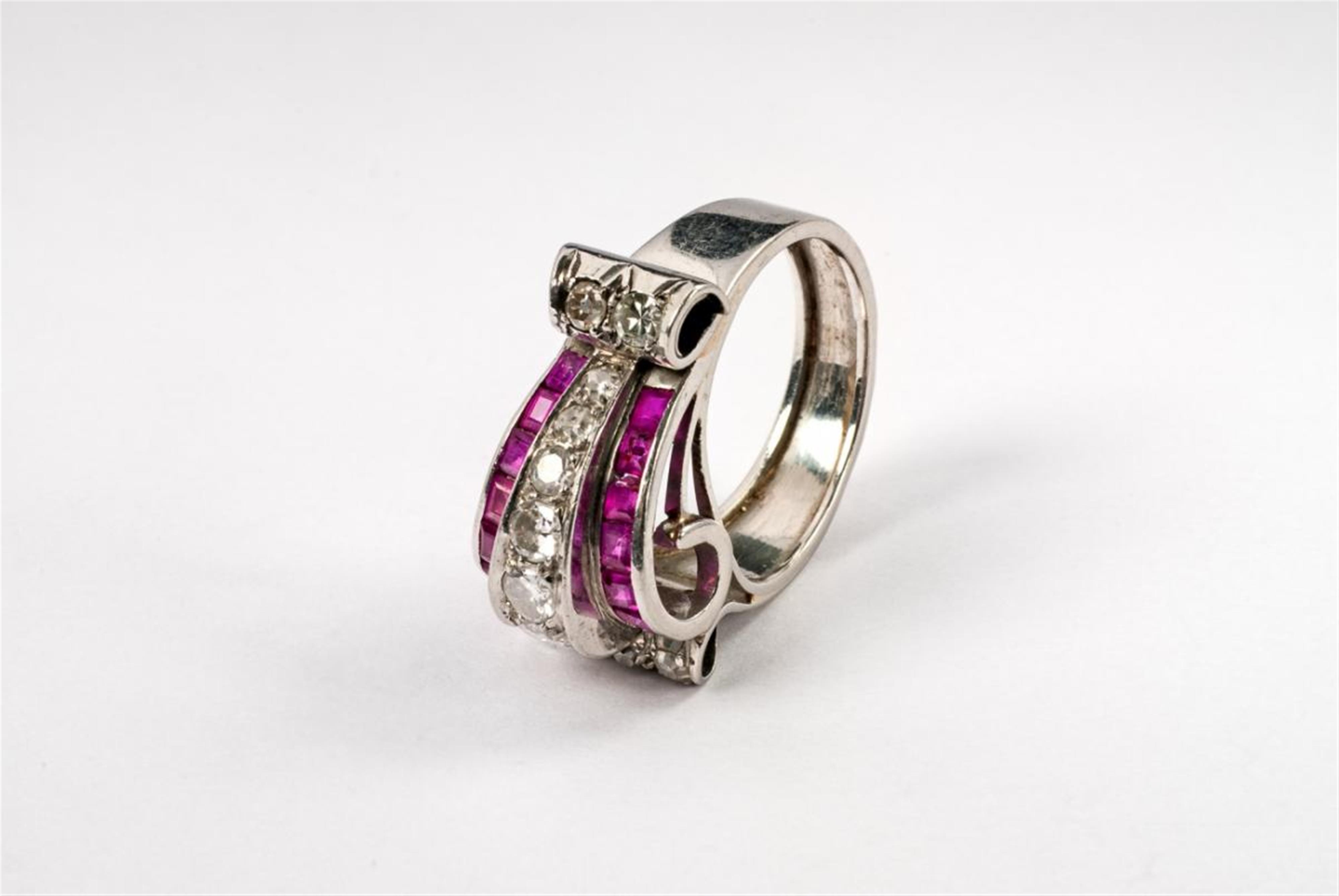 A platinum, diamond and carré-cut ruby ring. - image-1