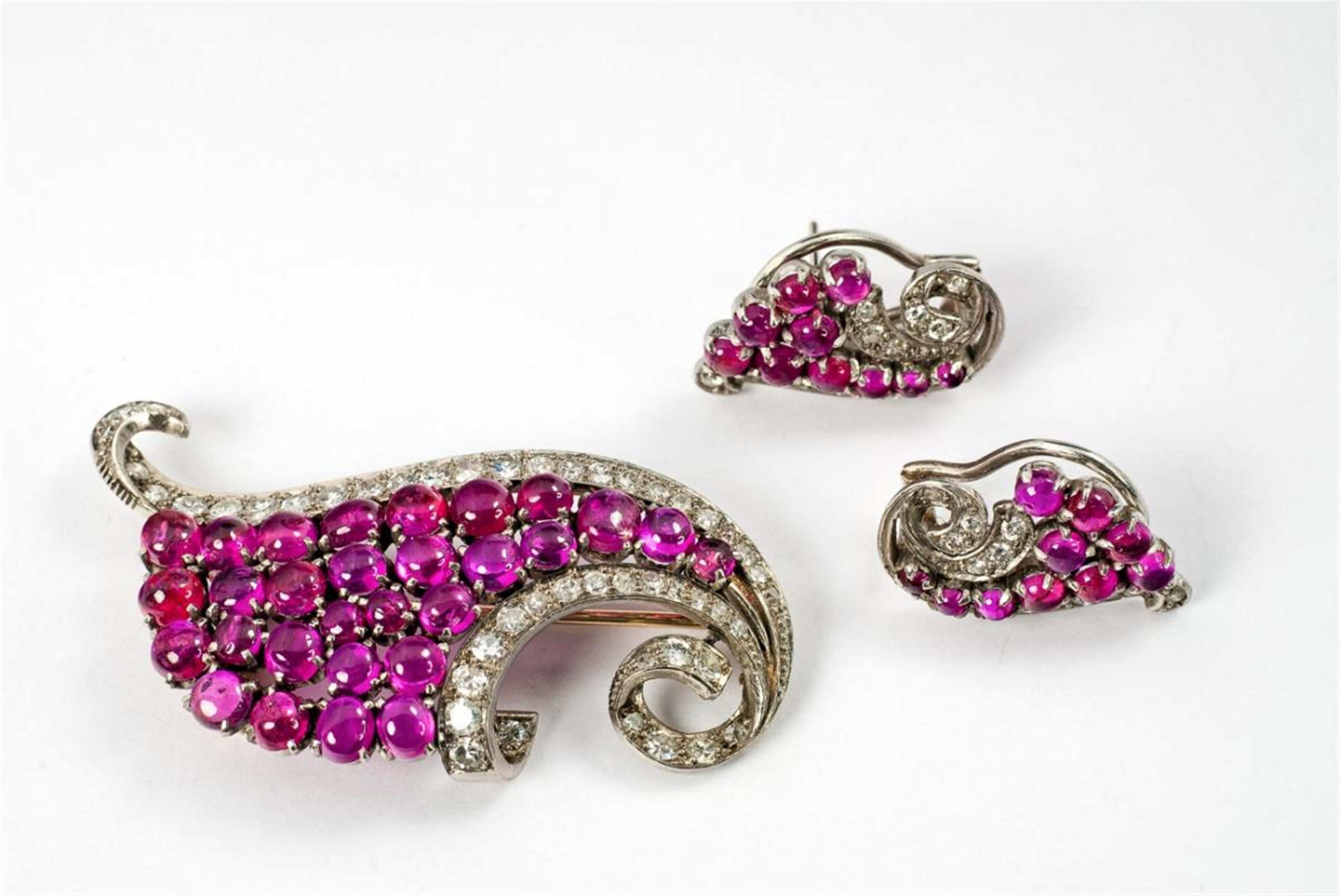 A gold, ruby and diamond brooch and earrings. - image-1