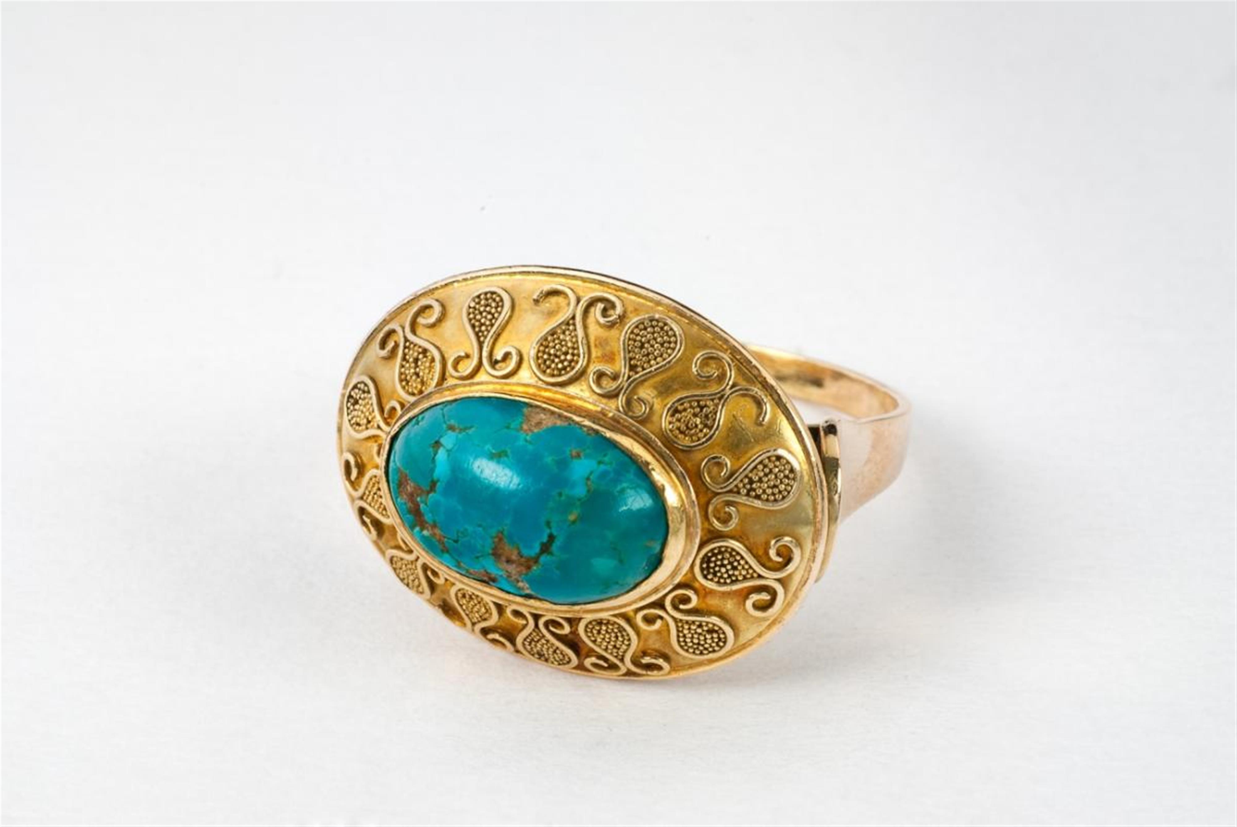 A 14 ct gold, granulation and turquoise matrix ring - image-2