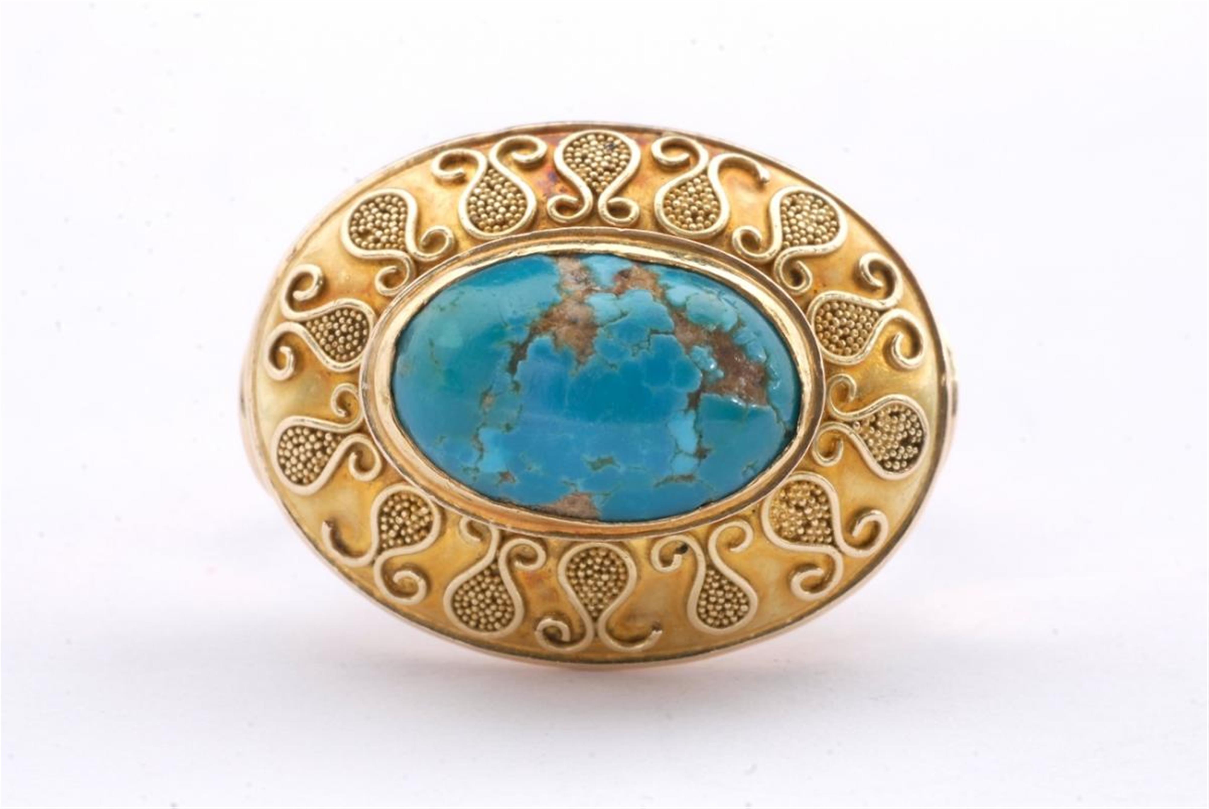 A 14 ct gold, granulation and turquoise matrix ring - image-1