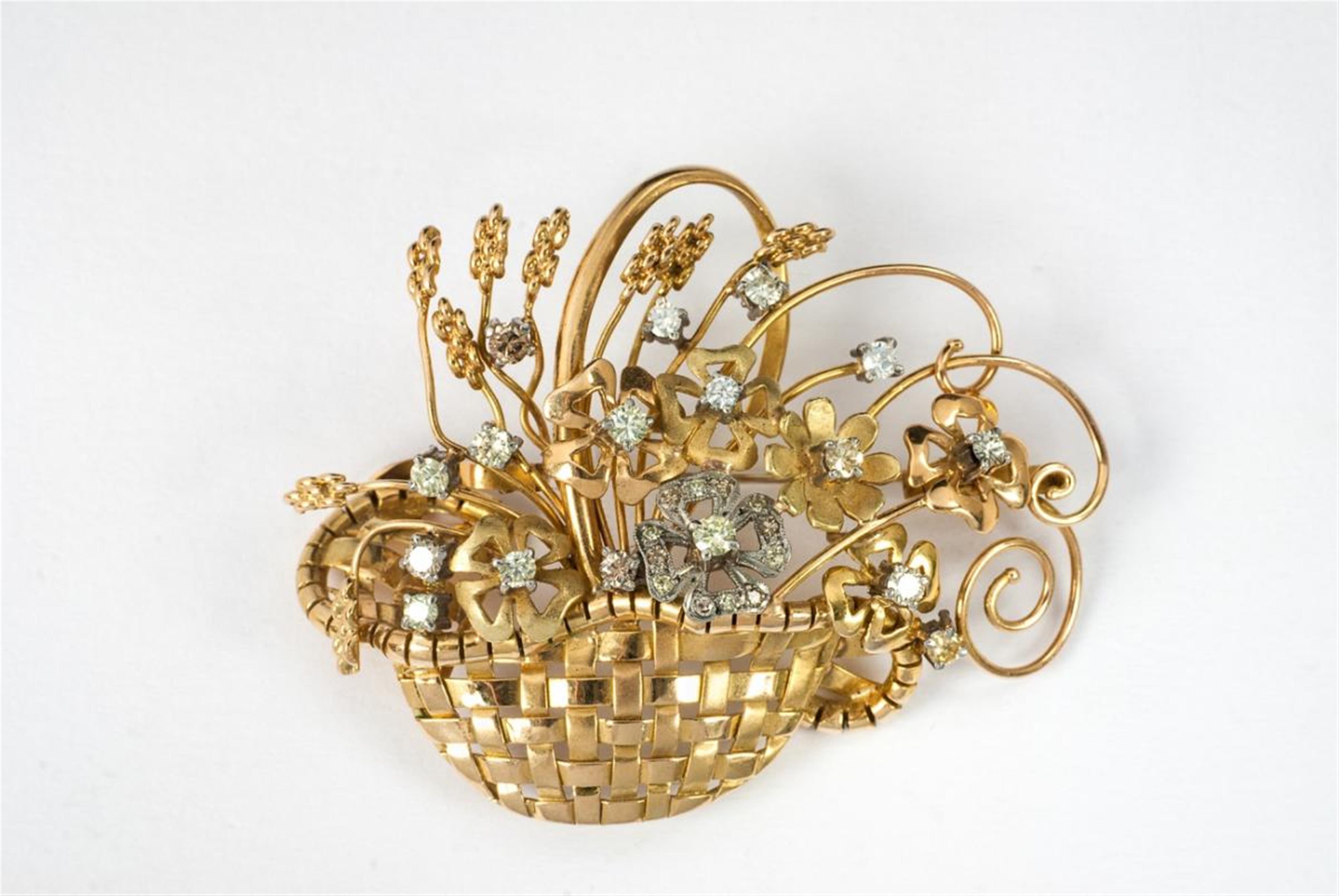 An 18 ct gold and fancy diamond flower basket brooch. - image-1