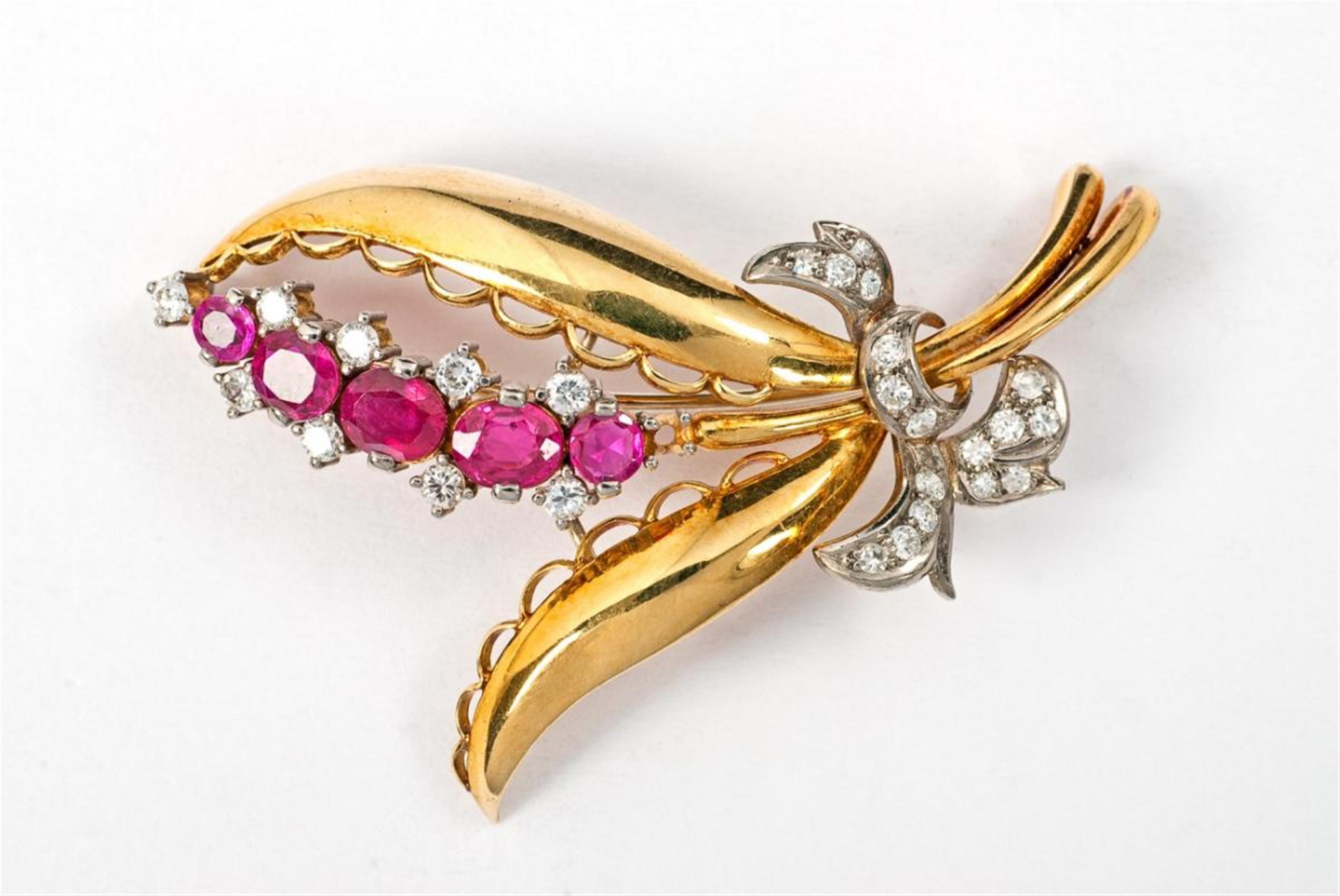 A German 18 ct gold, ruby and diamond lily of the valley brooch. - image-1