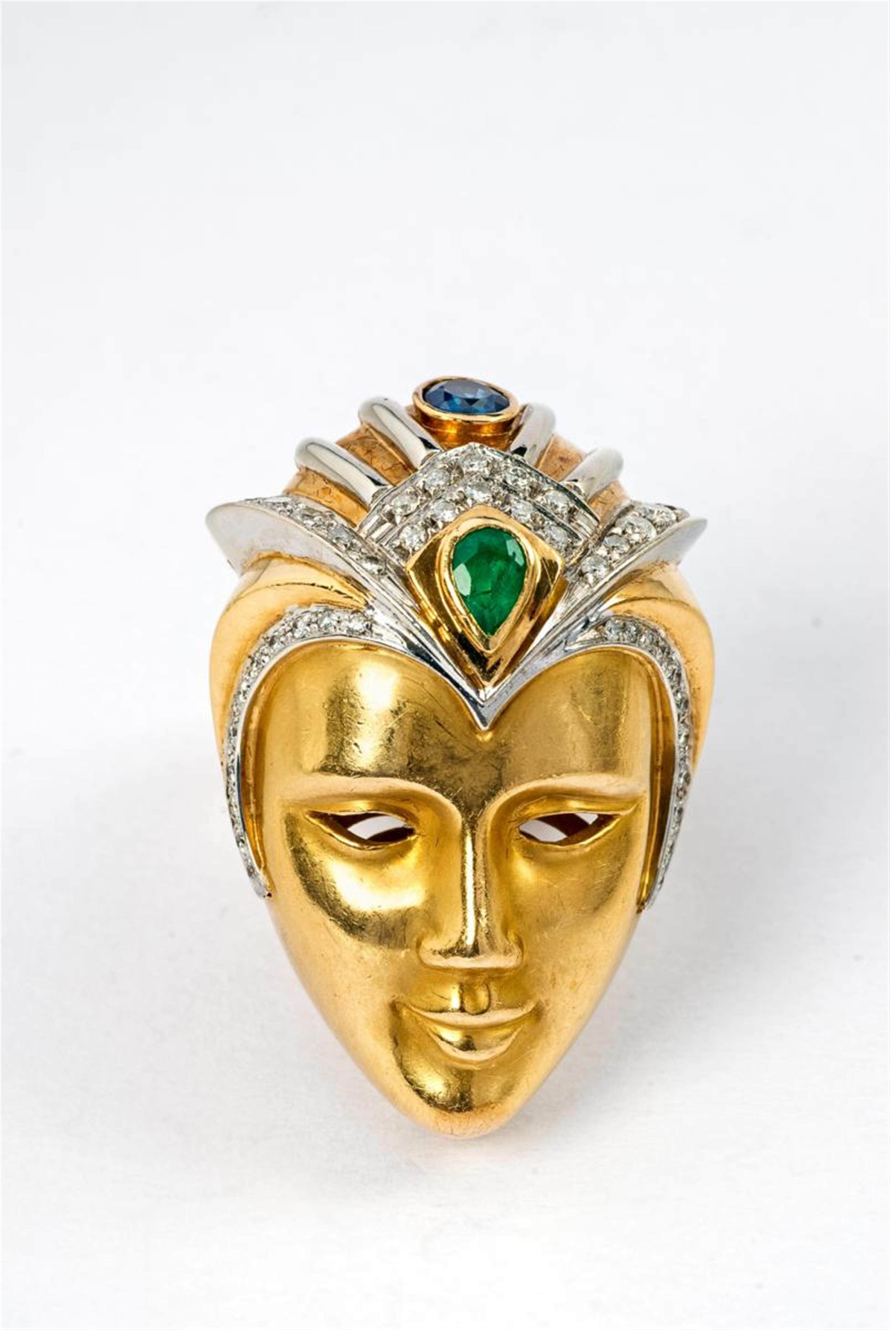 An 18 ct gold, diamond, emerald and sapphire brooch formed as a Venetian mask. - image-1