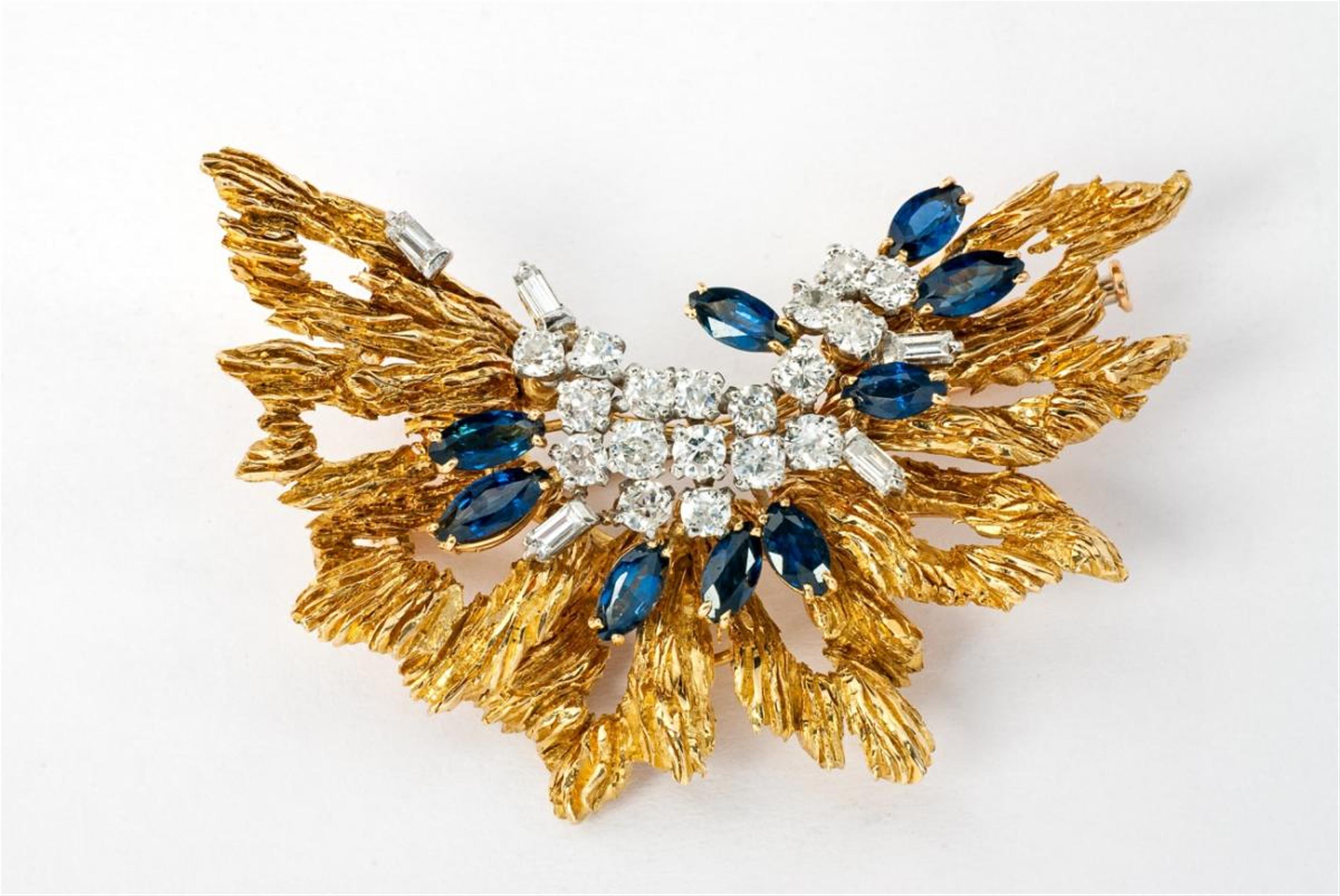 A French 18 ct gold, sapphire and diamond brooch. - image-1